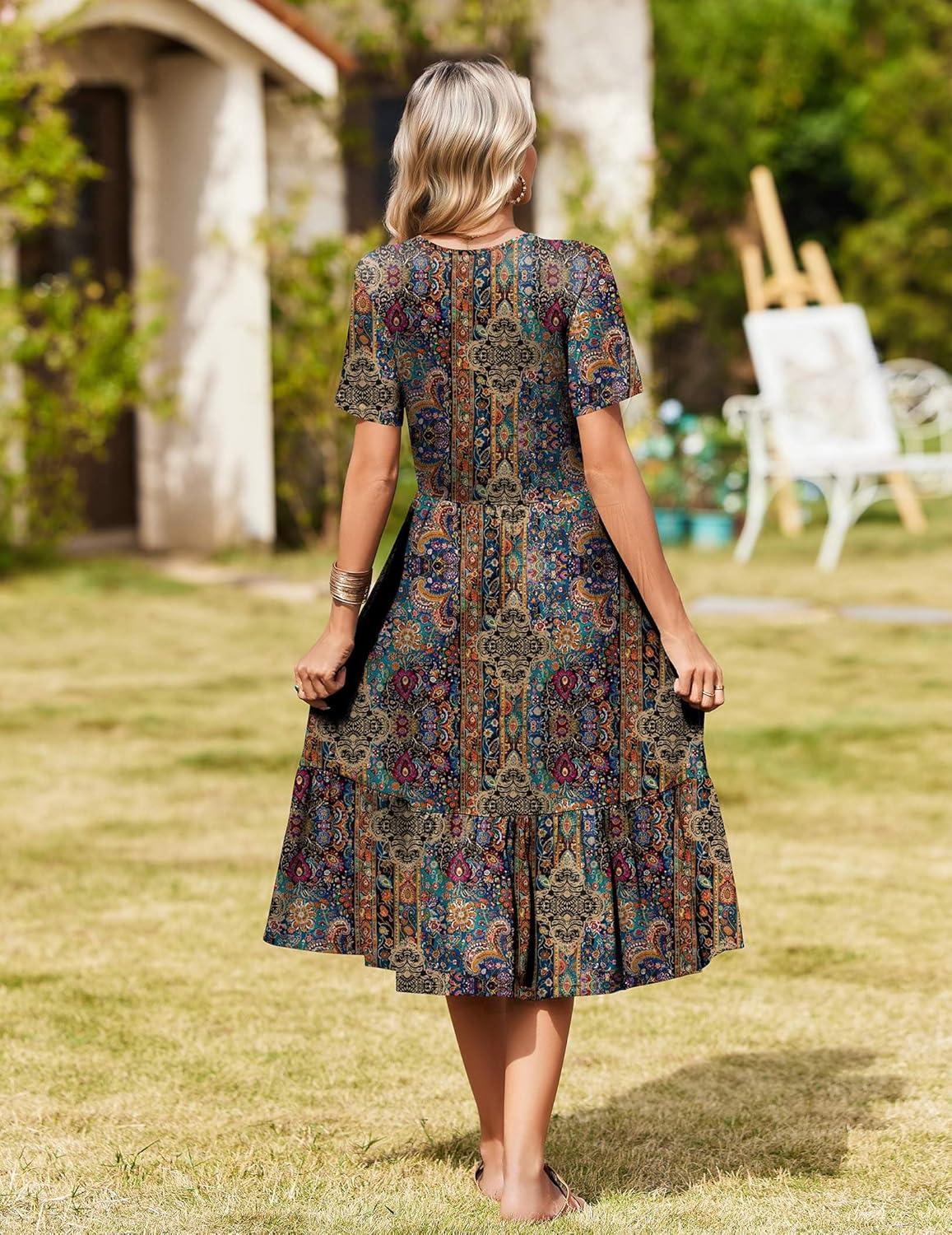 imageZeagoo Womens Summer Warp VNeck Casual Dresses Short Sleeve Midi Floral Dress with Pockets Tiered Flowy A Line SundressBohemian Orange
