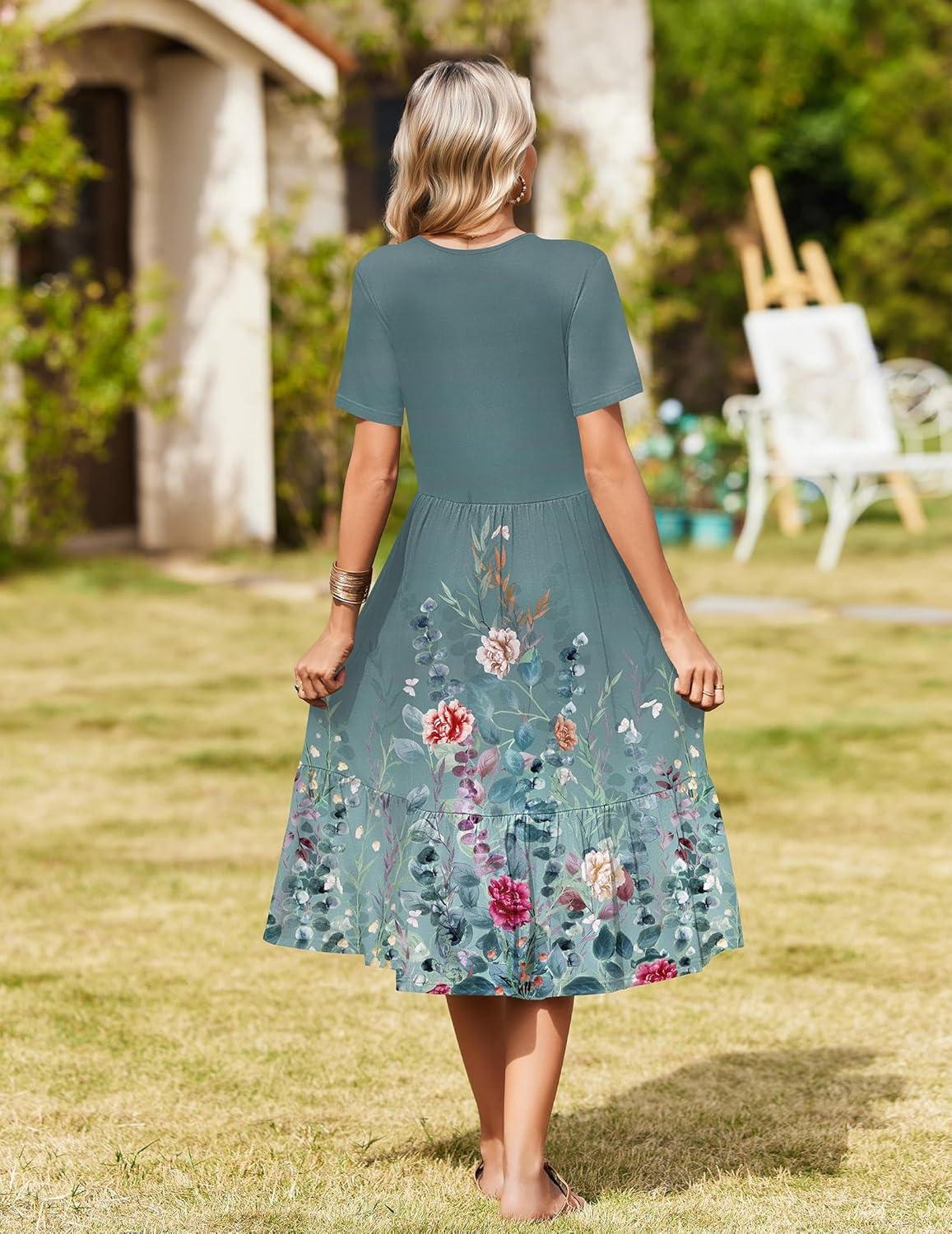 imageZeagoo Womens Summer Warp VNeck Casual Dresses Short Sleeve Midi Floral Dress with Pockets Tiered Flowy A Line SundressGreen Floral