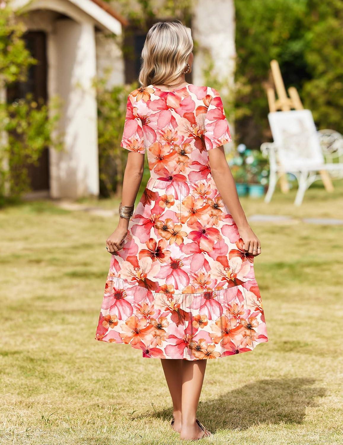 imageZeagoo Womens Summer Warp VNeck Casual Dresses Short Sleeve Midi Floral Dress with Pockets Tiered Flowy A Line SundressPink Floral