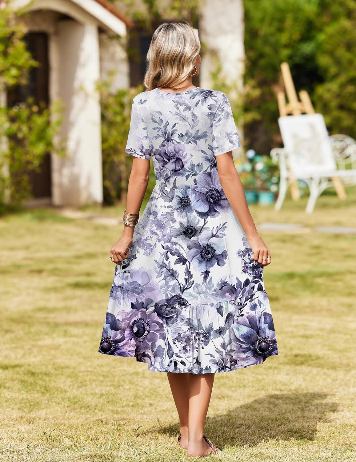 imageZeagoo Womens Summer Warp VNeck Casual Dresses Short Sleeve Midi Floral Dress with Pockets Tiered Flowy A Line SundressPurple Floral