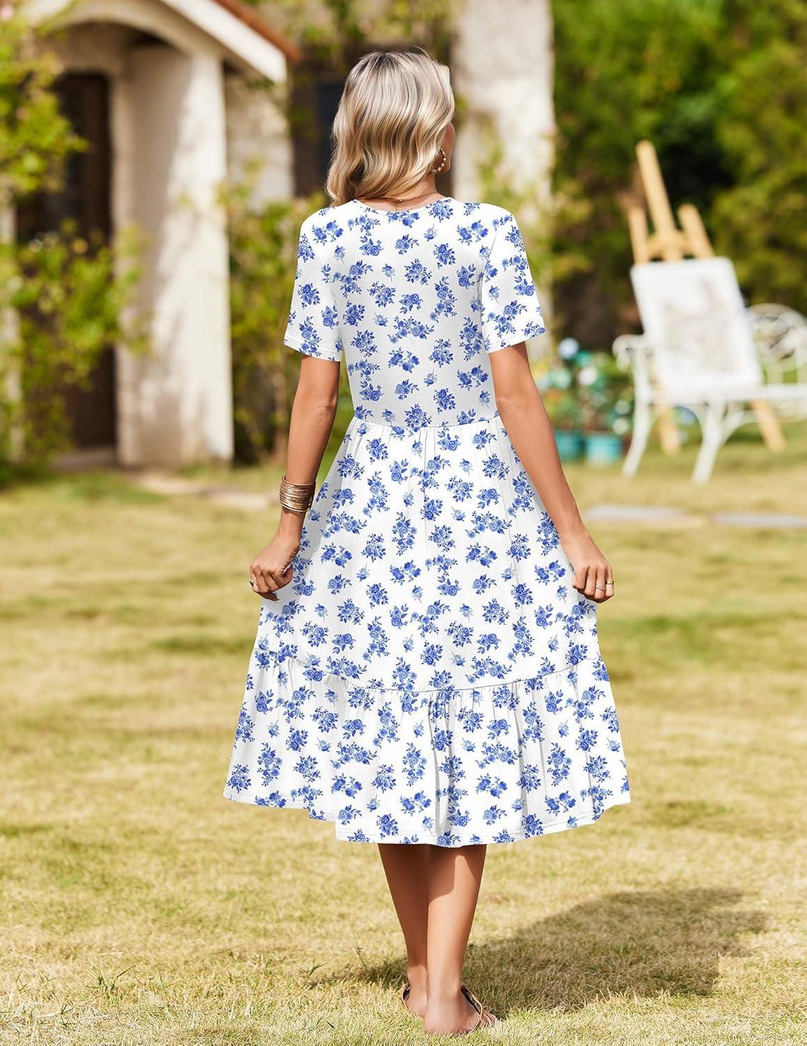 imageZeagoo Womens Summer Warp VNeck Casual Dresses Short Sleeve Midi Floral Dress with Pockets Tiered Flowy A Line SundressWhite Blue Floral