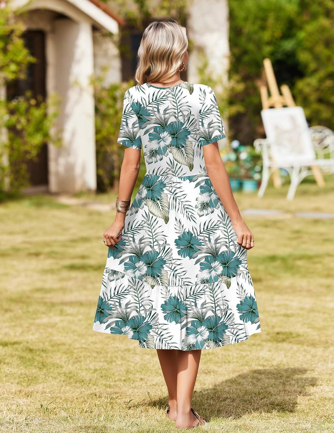 imageZeagoo Womens Summer Warp VNeck Casual Dresses Short Sleeve Midi Floral Dress with Pockets Tiered Flowy A Line SundressWhite Green Leaf