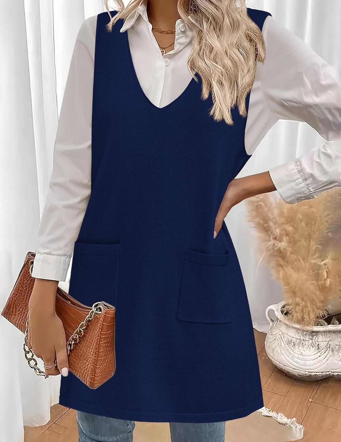 imageZeagoo Womens Sweater Vest Dresses for Women 2026 V Neck Sleeveless Knit Pullover Sweater with Pockets Fall Winter OutfitsBlue