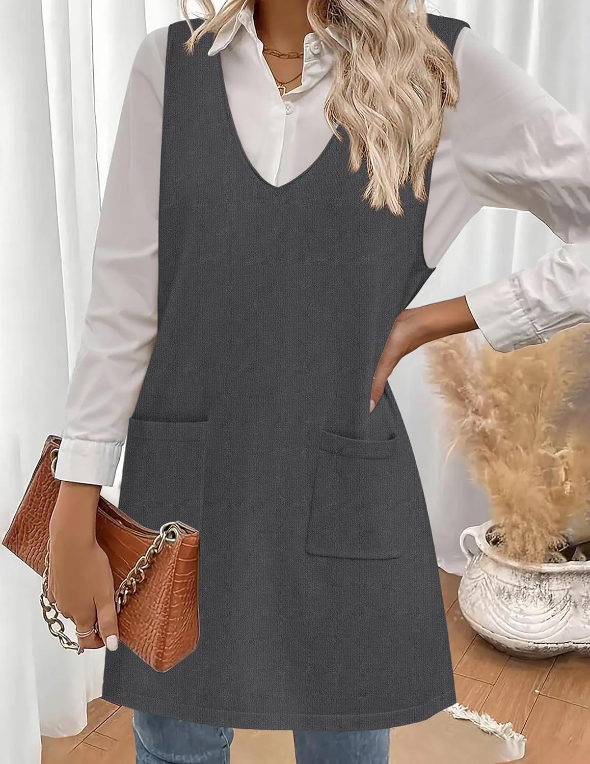 imageZeagoo Womens Sweater Vest Dresses for Women 2026 V Neck Sleeveless Knit Pullover Sweater with Pockets Fall Winter OutfitsDark Grey