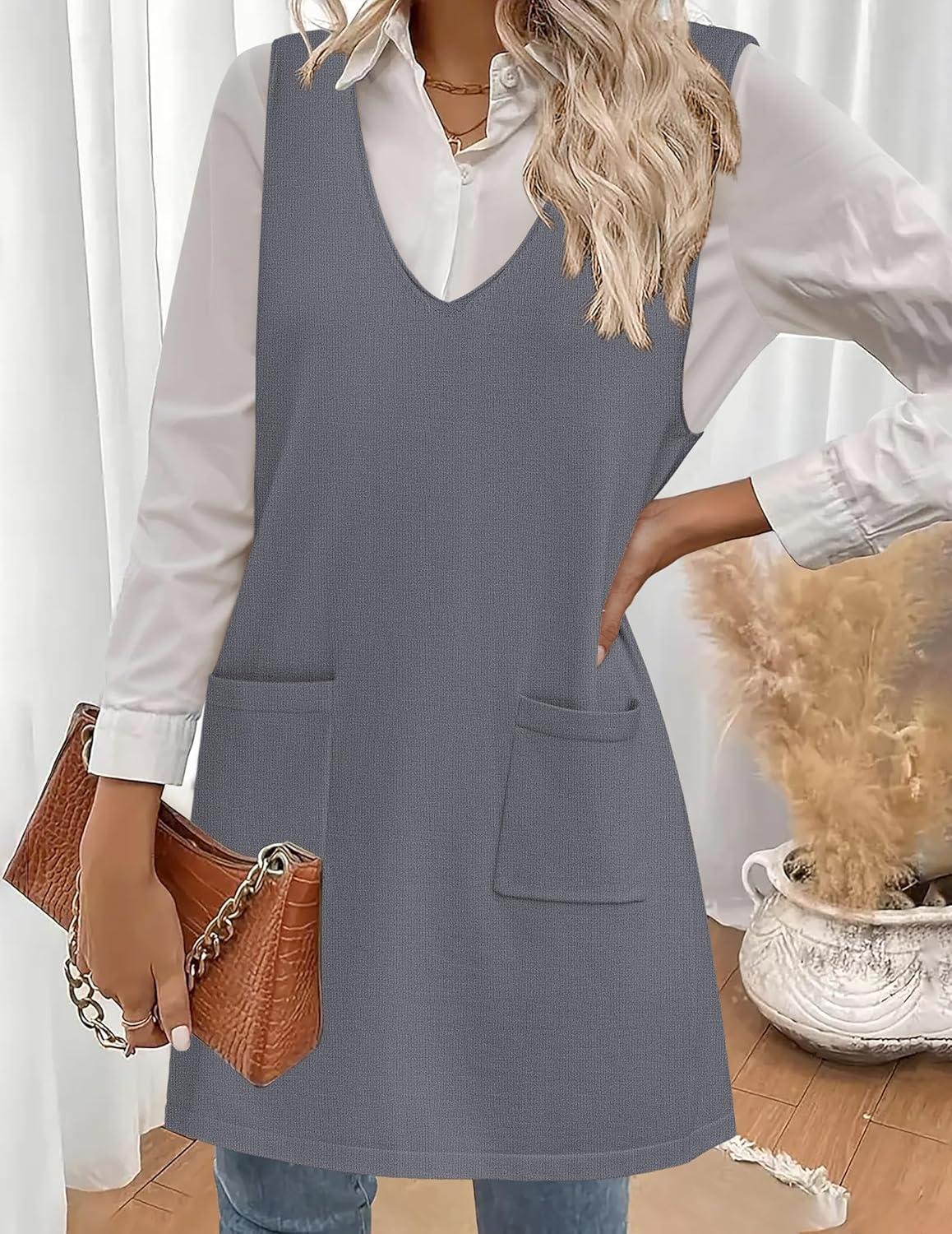imageZeagoo Womens Sweater Vest Dresses for Women 2026 V Neck Sleeveless Knit Pullover Sweater with Pockets Fall Winter OutfitsGrey