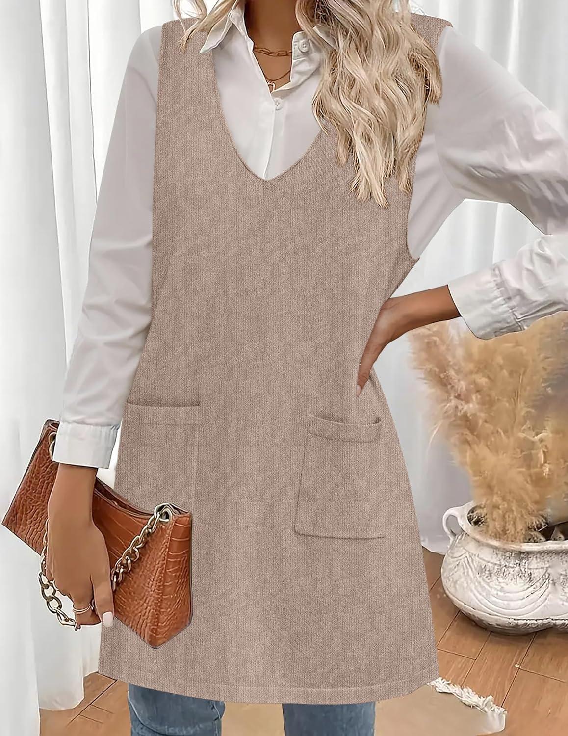 imageZeagoo Womens Sweater Vest Dresses for Women 2026 V Neck Sleeveless Knit Pullover Sweater with Pockets Fall Winter OutfitsWa