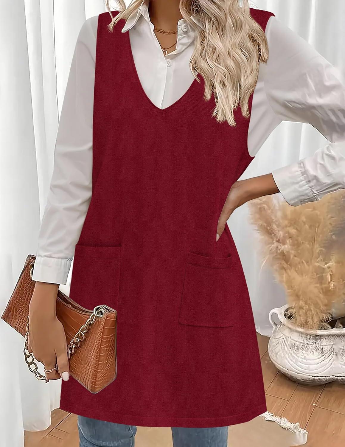 imageZeagoo Womens Sweater Vest Dresses for Women 2026 V Neck Sleeveless Knit Pullover Sweater with Pockets Fall Winter OutfitsWine Red