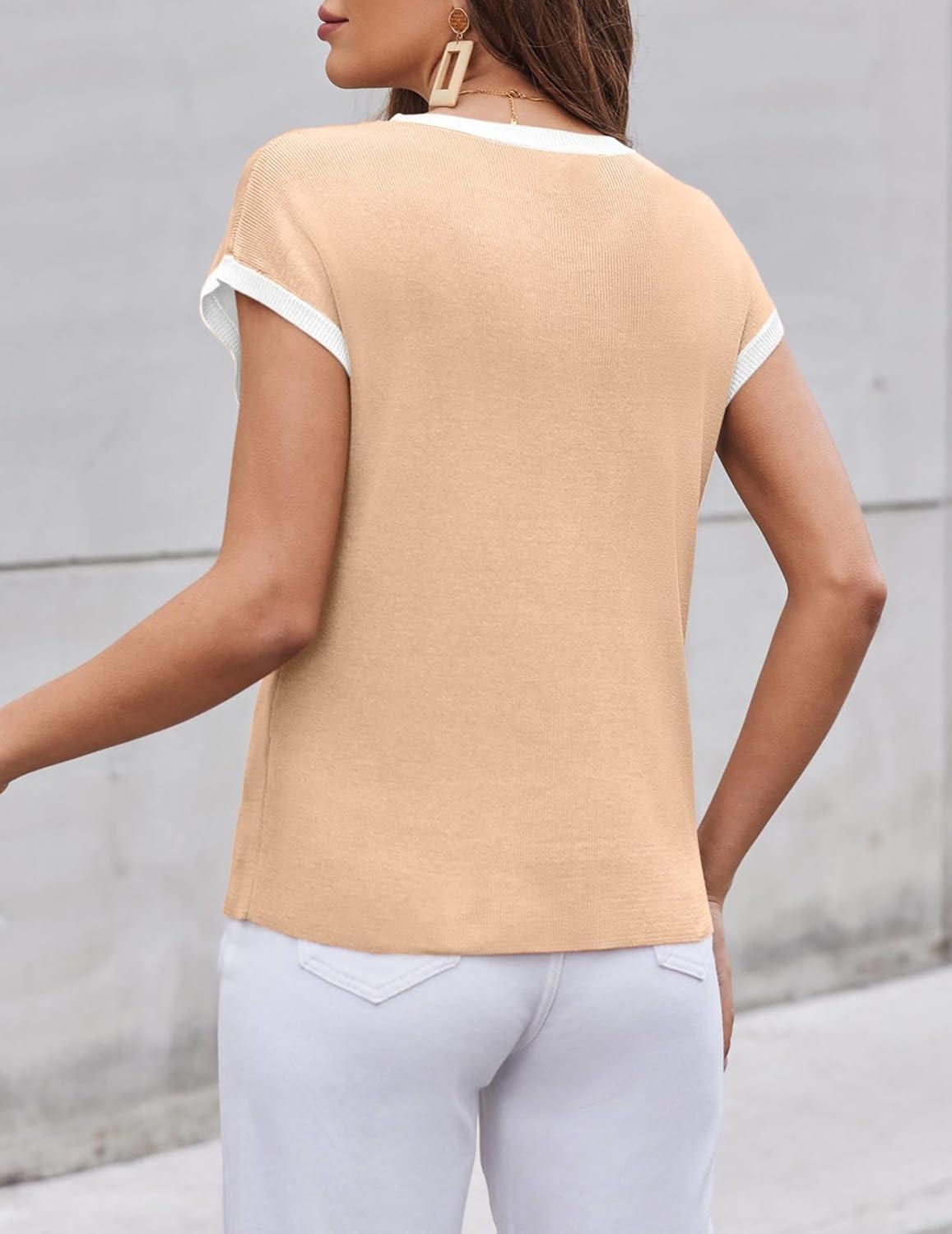 imageZeagoo Womens Sweater Vest Fall 2026 Loose Fit Cape Sleeve Knit Ribbed Tank Tops with Front Pocket SXXLBeige White Colorblock
