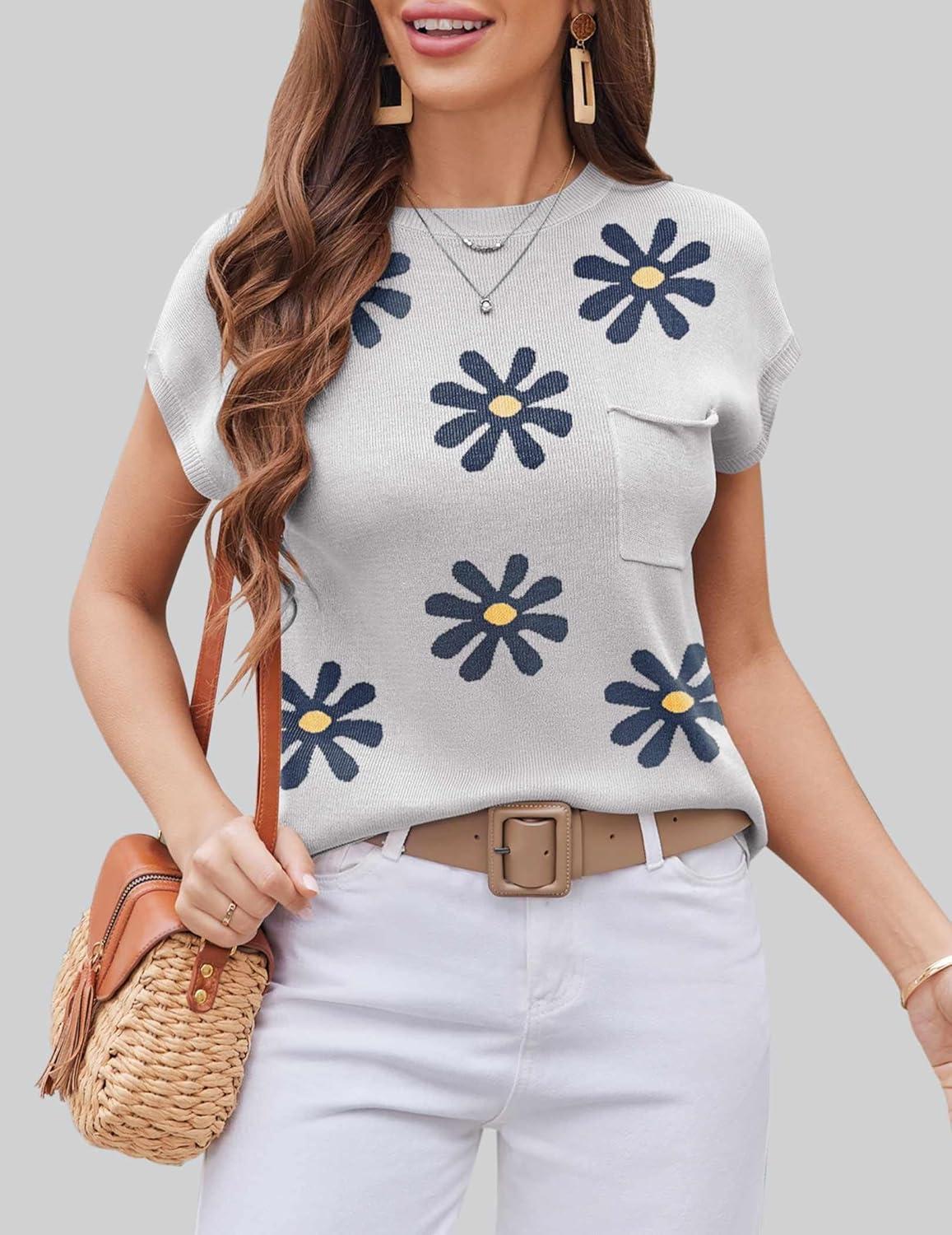 imageZeagoo Womens Sweater Vest Fall 2026 Loose Fit Cape Sleeve Knit Ribbed Tank Tops with Front Pocket SXXLBlack Flower