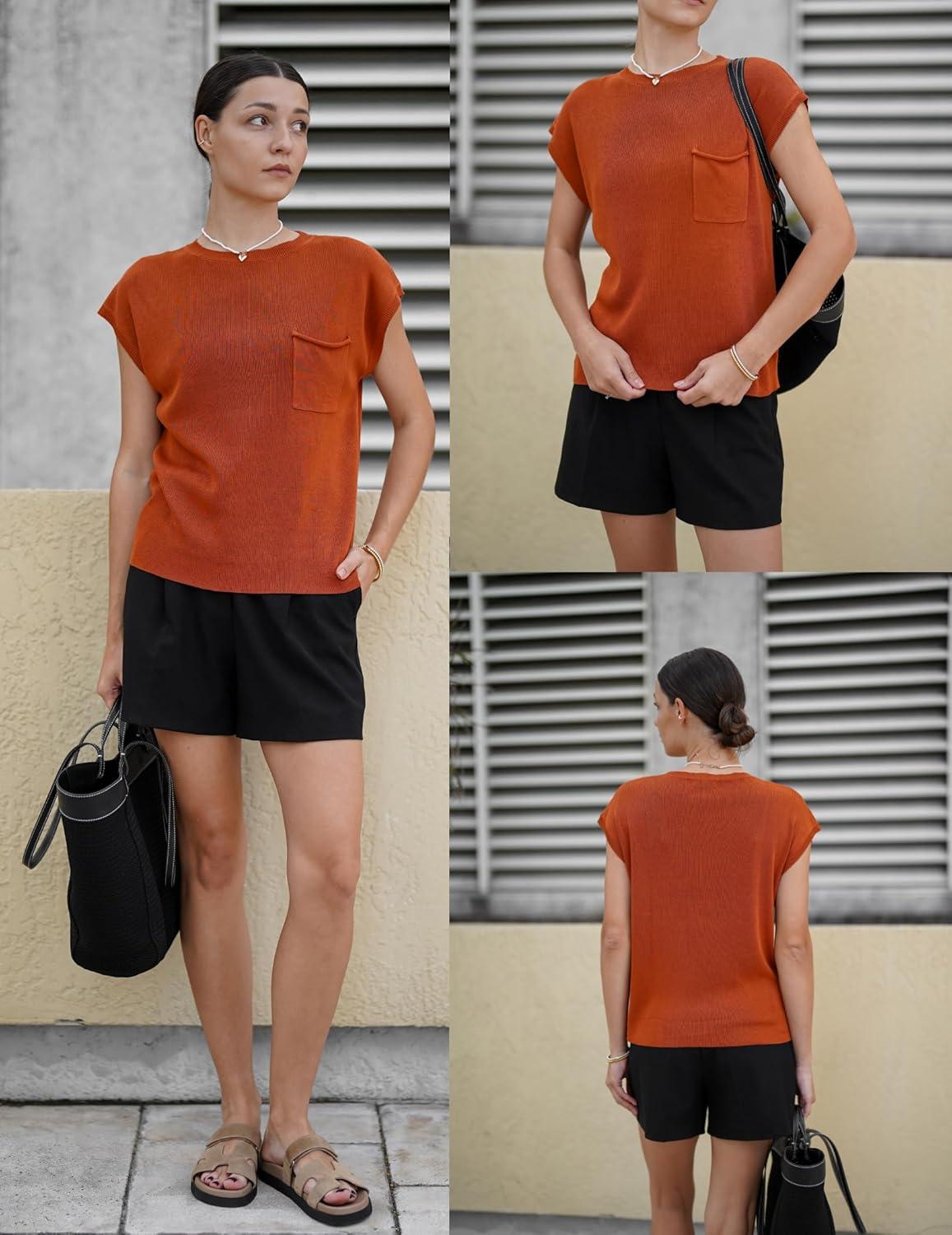 imageZeagoo Womens Sweater Vest Fall 2026 Loose Fit Cape Sleeve Knit Ribbed Tank Tops with Front Pocket SXXLCaramel