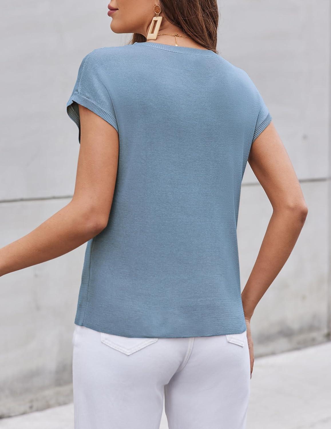 imageZeagoo Womens Sweater Vest Fall 2026 Loose Fit Cape Sleeve Knit Ribbed Tank Tops with Front Pocket SXXLClear Blue