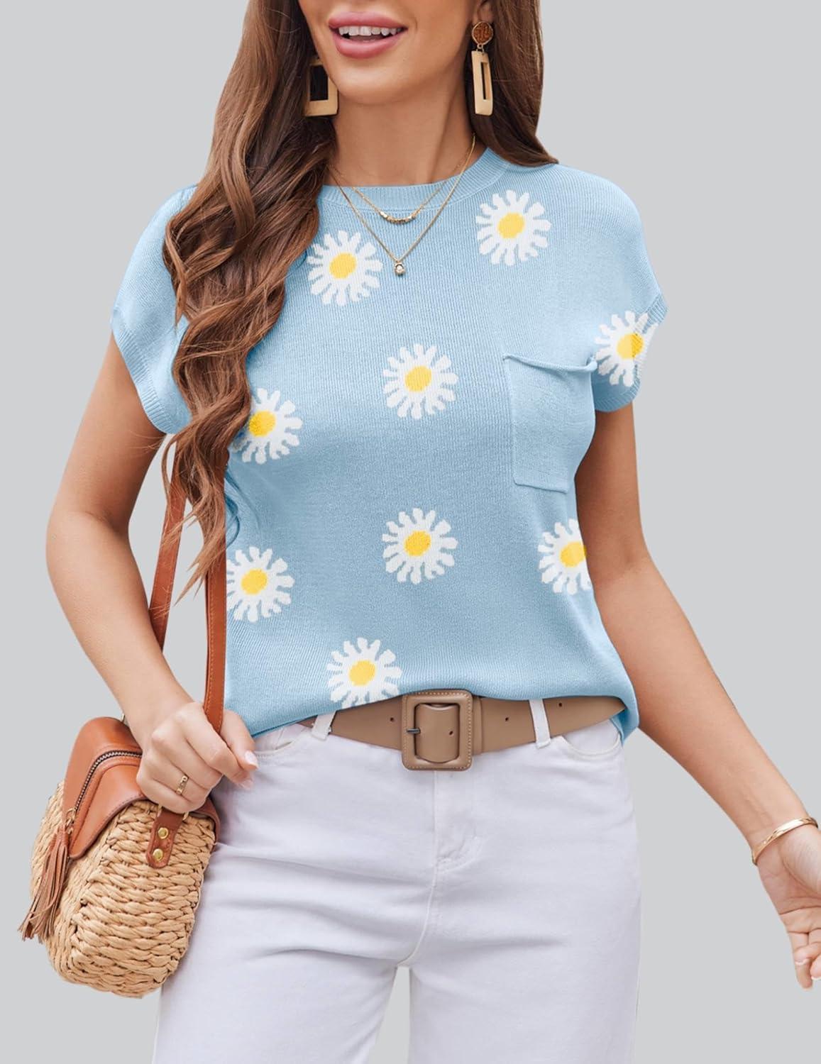 imageZeagoo Womens Sweater Vest Fall 2026 Loose Fit Cape Sleeve Knit Ribbed Tank Tops with Front Pocket SXXLWhite Flower