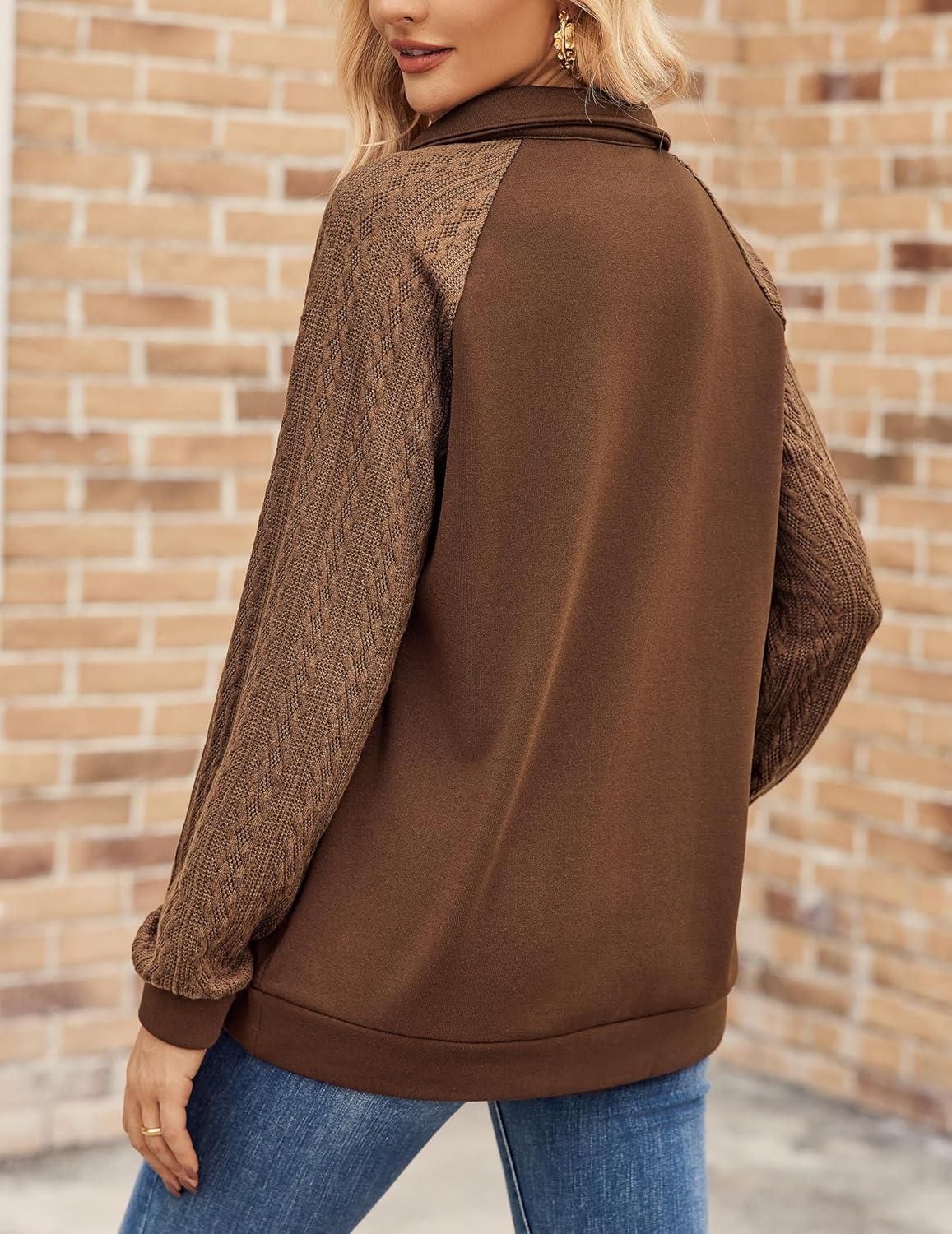 imageZeagoo Womens Sweatshrits Quarter Zip Pullover Fleece Sweatshirt Casual Cable Knit Sleeve Hoodies Fashion Outfits ClothesBrown