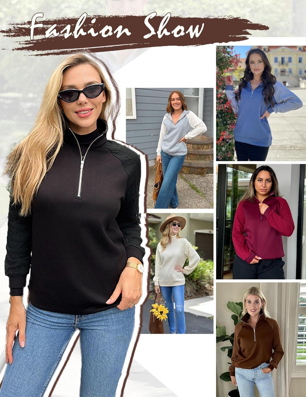 imageZeagoo Womens Sweatshrits Quarter Zip Pullover Fleece Sweatshirt Casual Cable Knit Sleeve Hoodies Fashion Outfits ClothesBrown