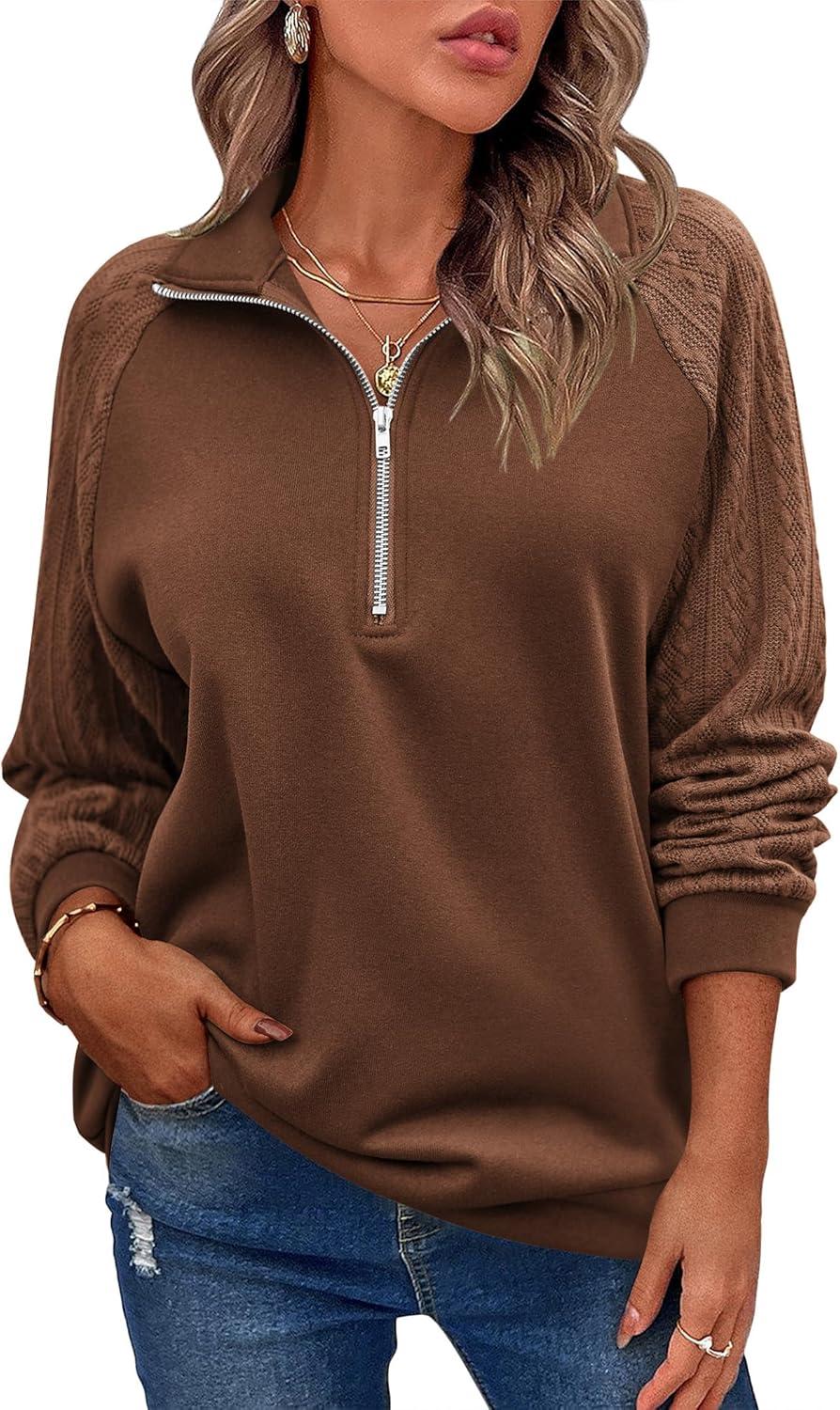 imageZeagoo Womens Sweatshrits Quarter Zip Pullover Fleece Sweatshirt Casual Cable Knit Sleeve Hoodies Fashion Outfits ClothesBrown