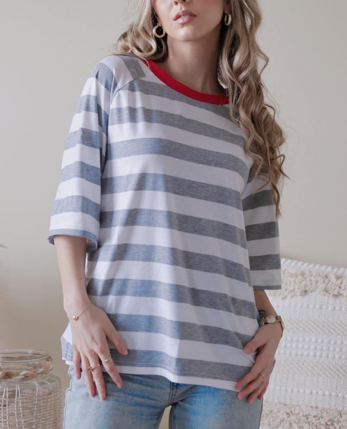 imageZeagoo Womens T Shirts Summer Casual Oversized Crewneck Loose Fit Short Sleeve Striped Tops Fashion Comfy Basic Tee BlousesGray and White Striped