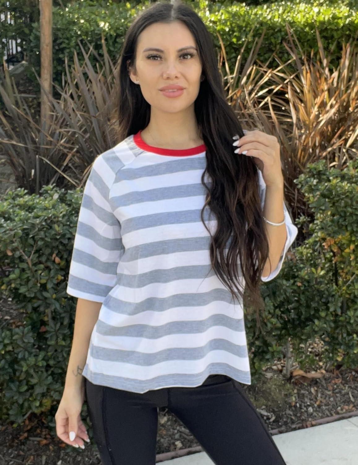 imageZeagoo Womens T Shirts Summer Casual Oversized Crewneck Loose Fit Short Sleeve Striped Tops Fashion Comfy Basic Tee BlousesGray and White Striped