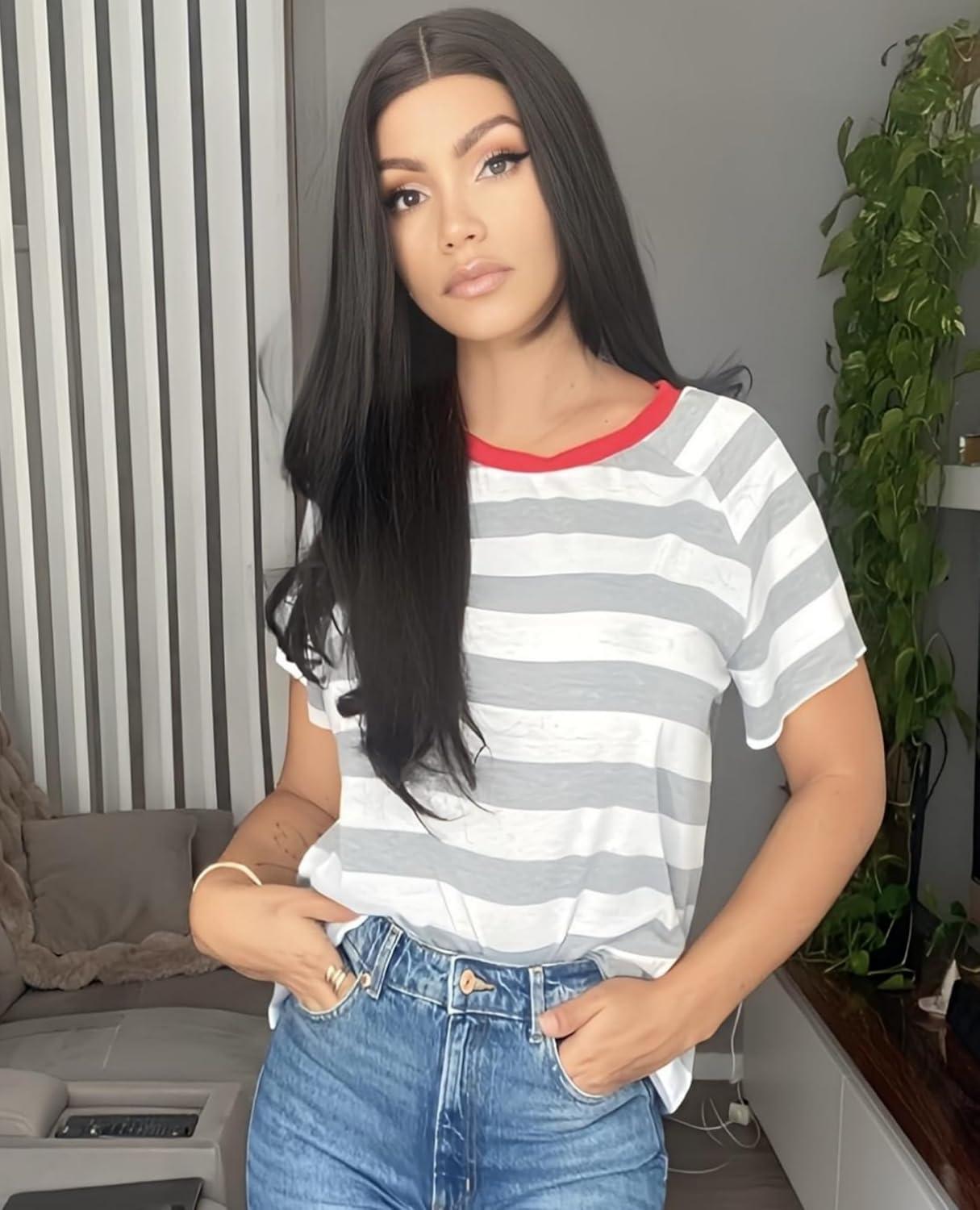 imageZeagoo Womens T Shirts Summer Casual Oversized Crewneck Loose Fit Short Sleeve Striped Tops Fashion Comfy Basic Tee BlousesGray and White Striped