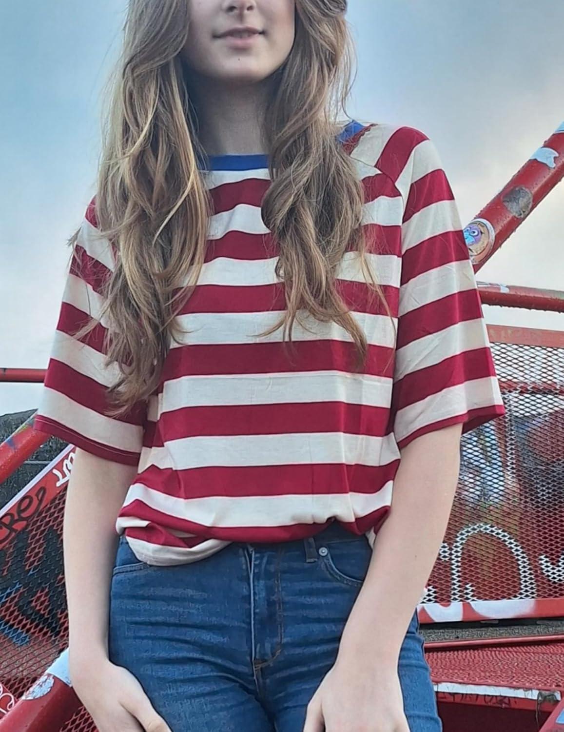 imageZeagoo Womens T Shirts Summer Casual Oversized Crewneck Loose Fit Short Sleeve Striped Tops Fashion Comfy Basic Tee BlousesRed and Apricot Striped