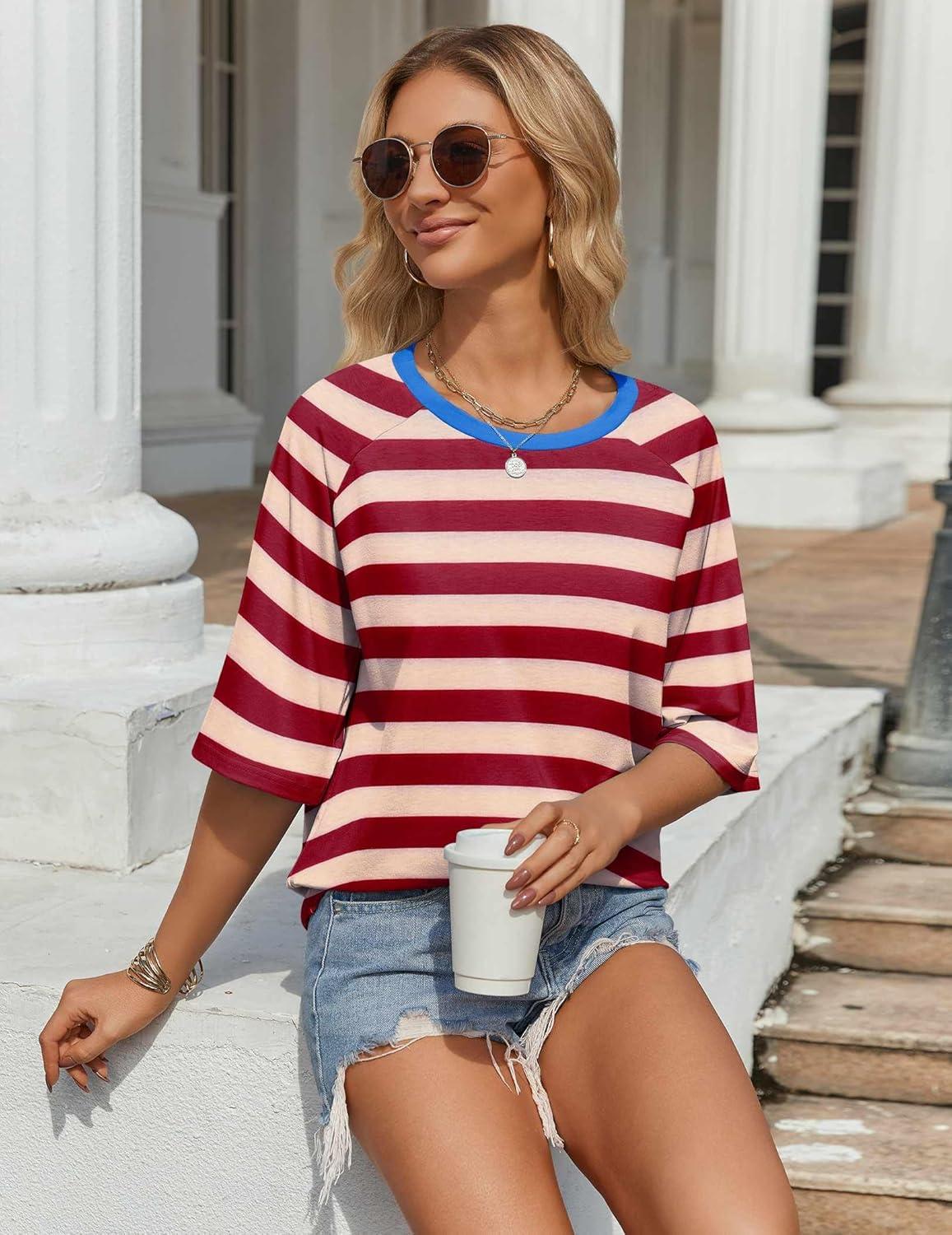 imageZeagoo Womens T Shirts Summer Casual Oversized Crewneck Loose Fit Short Sleeve Striped Tops Fashion Comfy Basic Tee BlousesRed and Apricot Striped