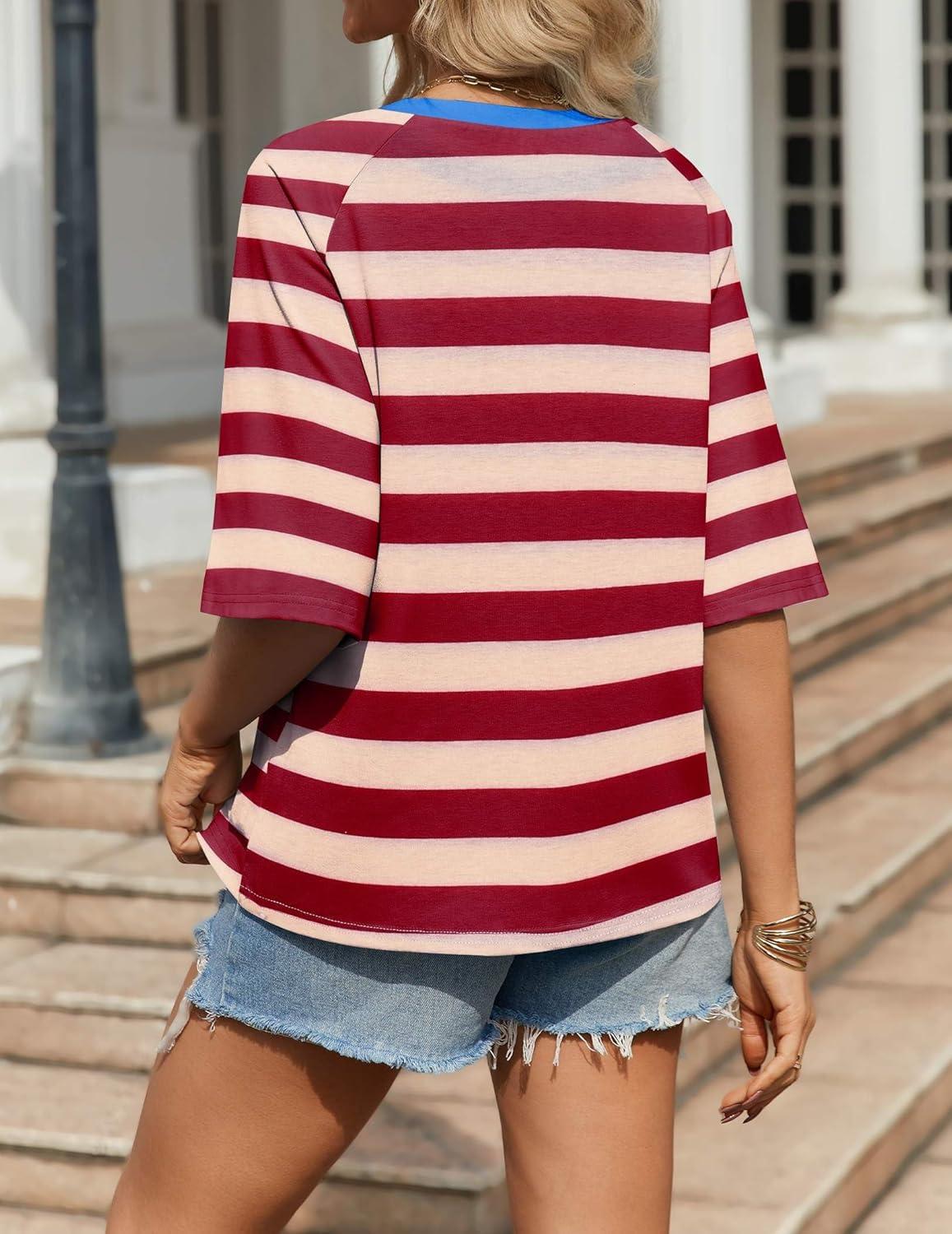 imageZeagoo Womens T Shirts Summer Casual Oversized Crewneck Loose Fit Short Sleeve Striped Tops Fashion Comfy Basic Tee BlousesRed and Apricot Striped