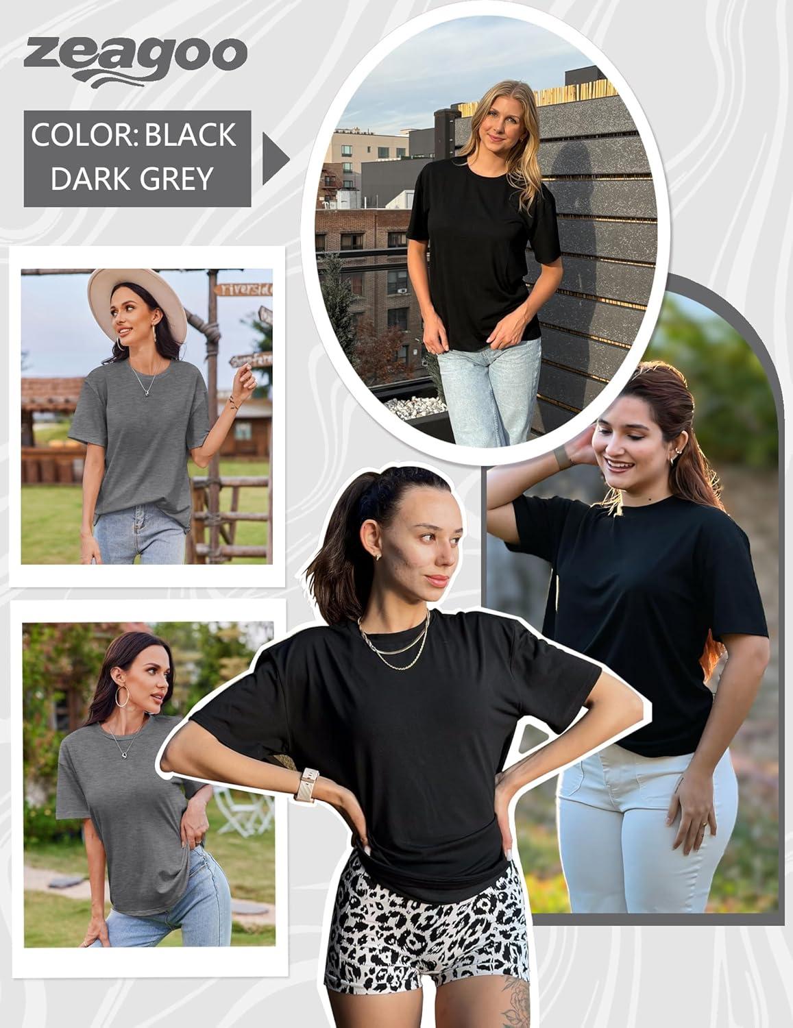 imageZeagoo Womens TShirts Short Sleeve Tops Summer Casual Blouse Crew Neck Basic Shirt 2 Pack Loose Fit TeeBlack dark Grey