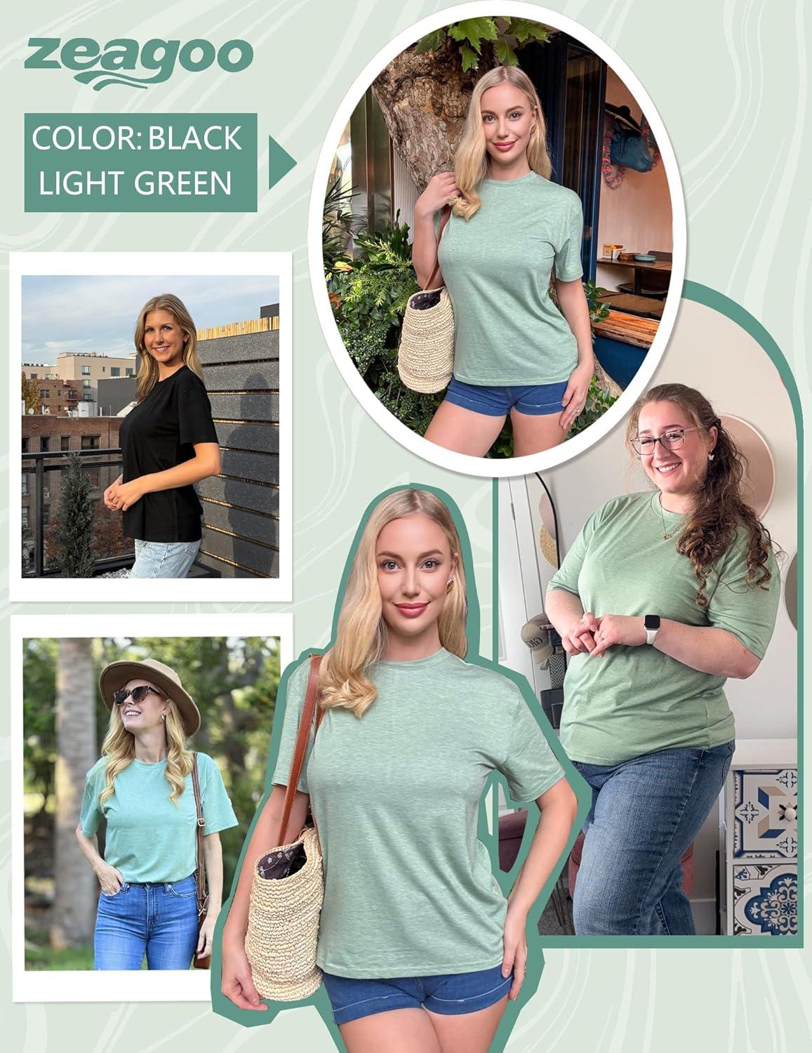 imageZeagoo Womens TShirts Short Sleeve Tops Summer Casual Blouse Crew Neck Basic Shirt 2 Pack Loose Fit TeeBlack light Green