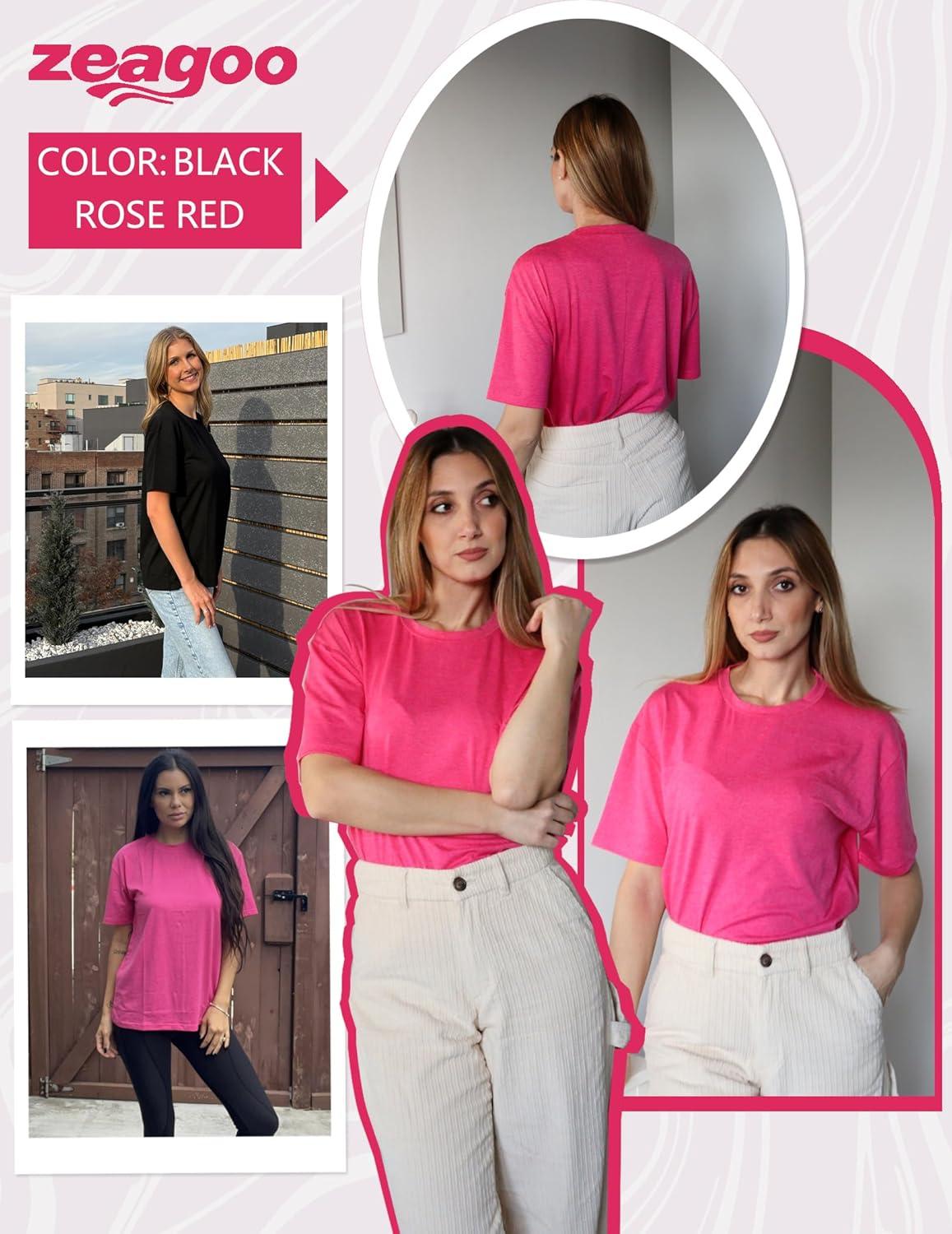 imageZeagoo Womens TShirts Short Sleeve Tops Summer Casual Blouse Crew Neck Basic Shirt 2 Pack Loose Fit TeeBlack rose Red