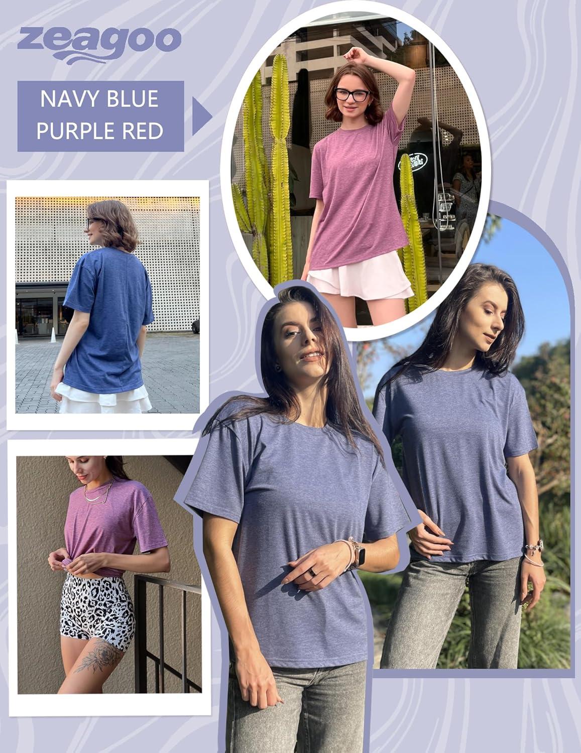 imageZeagoo Womens TShirts Short Sleeve Tops Summer Casual Blouse Crew Neck Basic Shirt 2 Pack Loose Fit TeePurple Red navy Blue