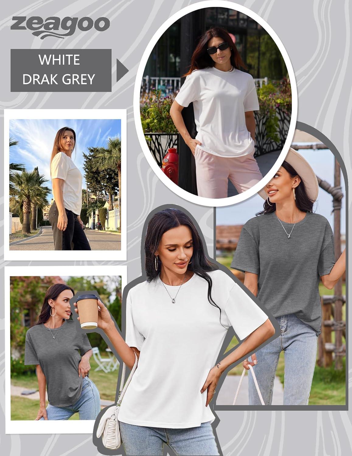 imageZeagoo Womens TShirts Short Sleeve Tops Summer Casual Blouse Crew Neck Basic Shirt 2 Pack Loose Fit TeeWhite dark Grey