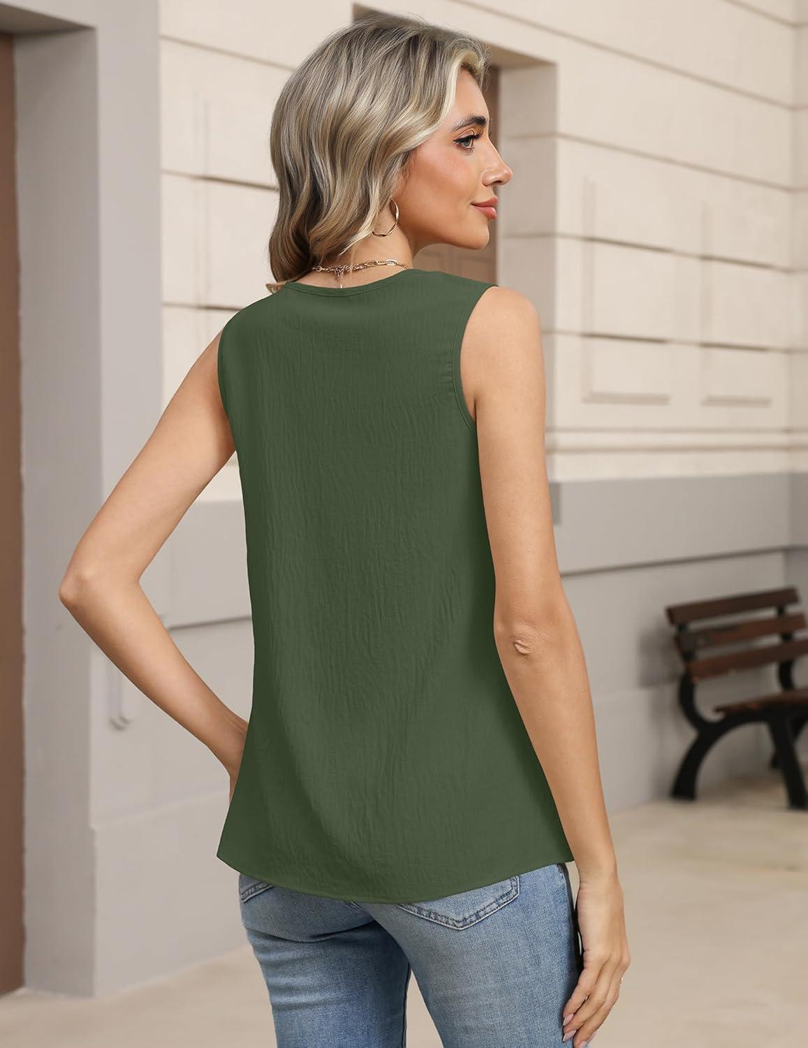 imageZeagoo Womens Tank Tops Pleated V Neck Business Casual Sleeveless Blouse Trendy Dressy Textured Summer Work ShirtsArmy Green