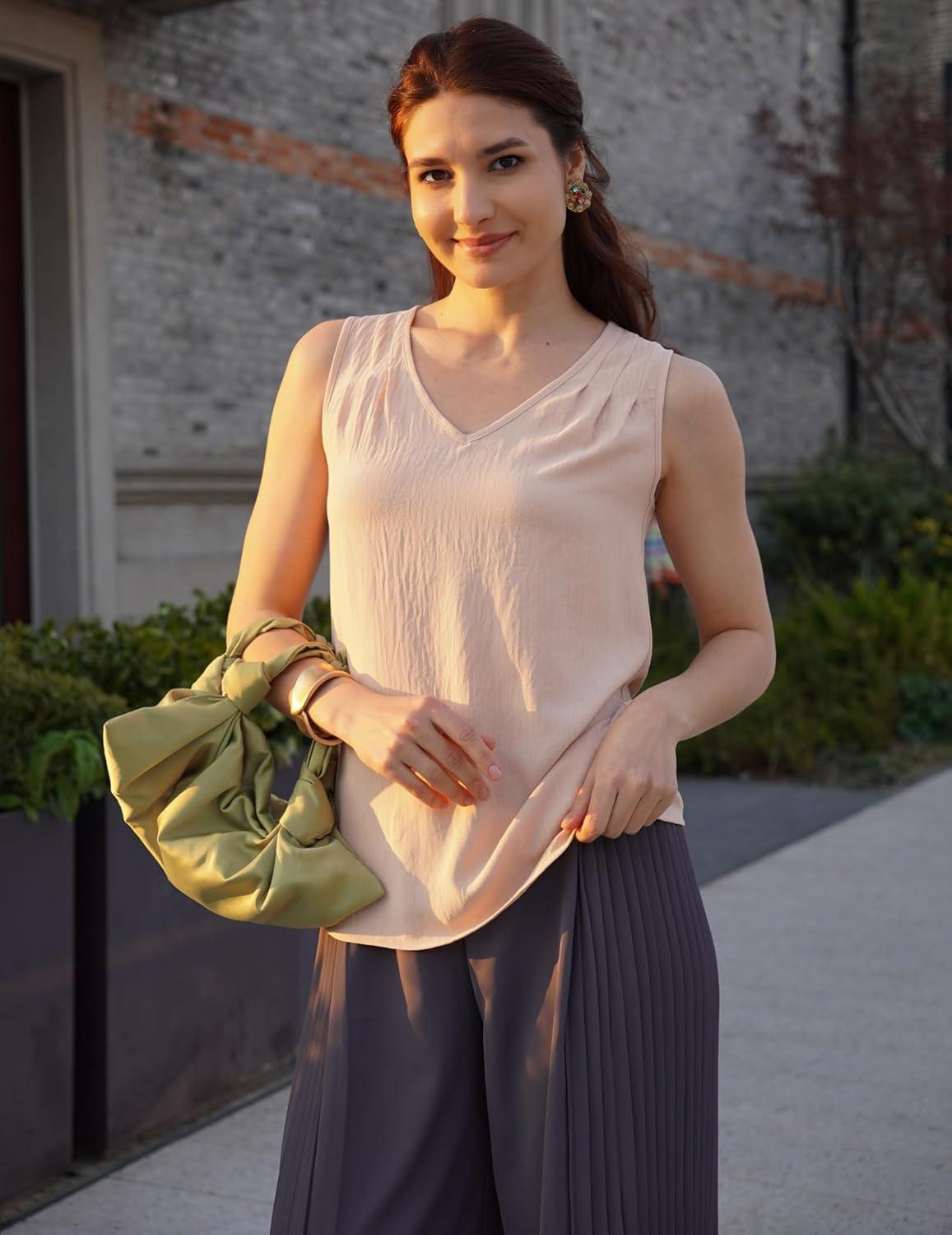 imageZeagoo Womens Tank Tops Pleated V Neck Business Casual Sleeveless Blouse Trendy Dressy Textured Summer Work ShirtsBeige