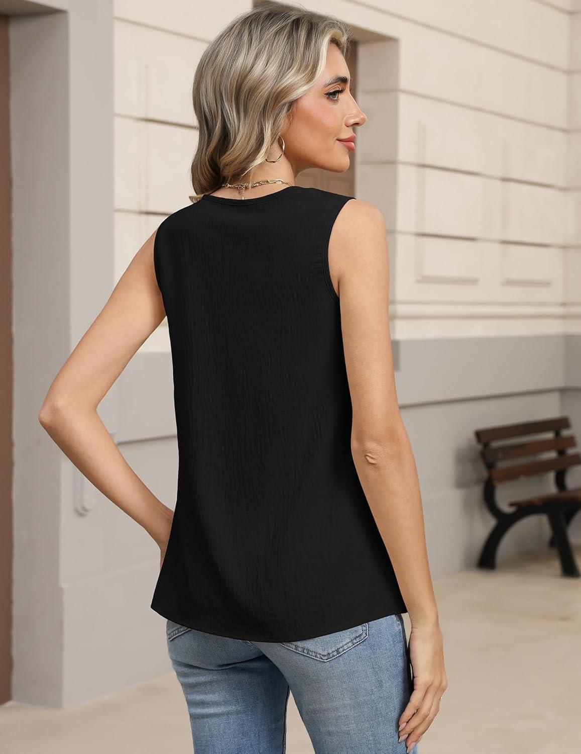 imageZeagoo Womens Tank Tops Pleated V Neck Business Casual Sleeveless Blouse Trendy Dressy Textured Summer Work ShirtsBlack