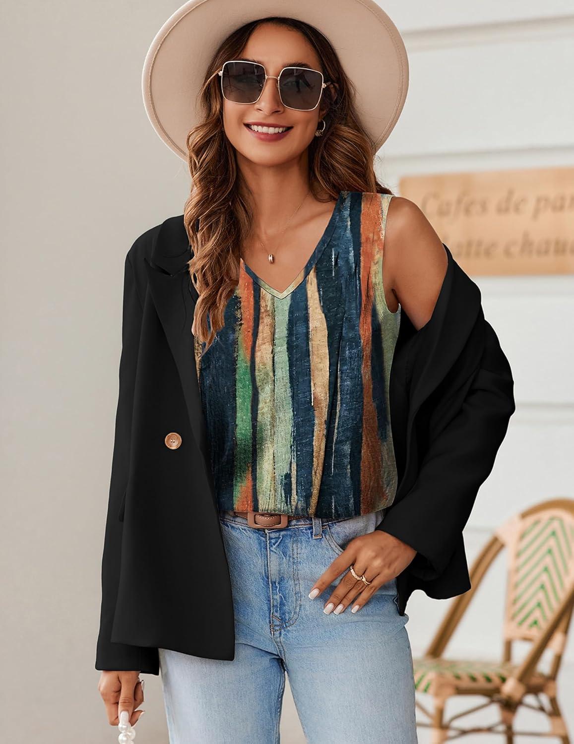 imageZeagoo Womens Tank Tops Pleated V Neck Business Casual Sleeveless Blouse Trendy Dressy Textured Summer Work ShirtsCx289 Striped