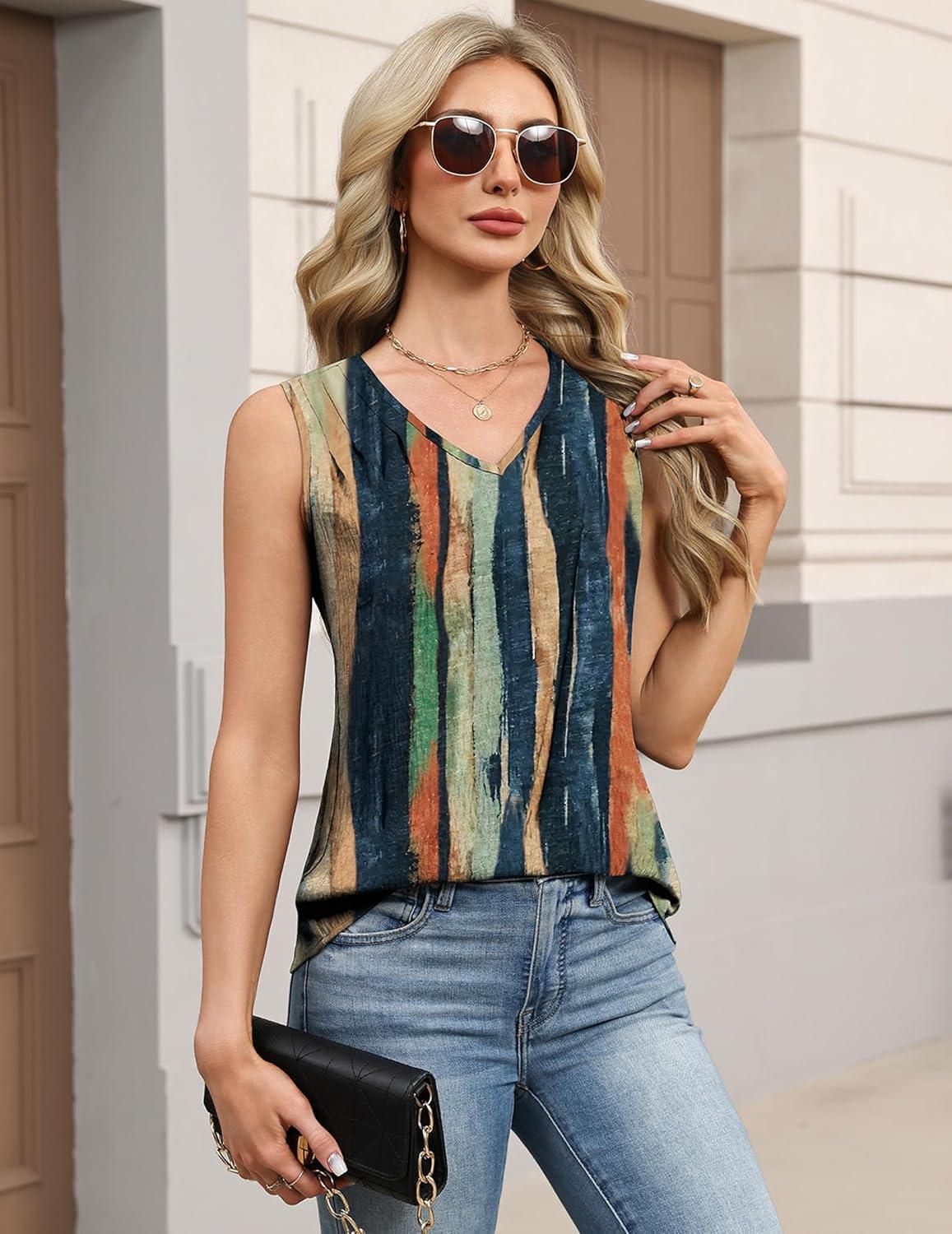 imageZeagoo Womens Tank Tops Pleated V Neck Business Casual Sleeveless Blouse Trendy Dressy Textured Summer Work ShirtsCx289 Striped