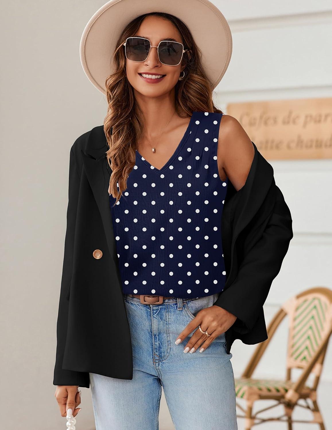imageZeagoo Womens Tank Tops Pleated V Neck Business Casual Sleeveless Blouse Trendy Dressy Textured Summer Work ShirtsJh379 Polka Dots