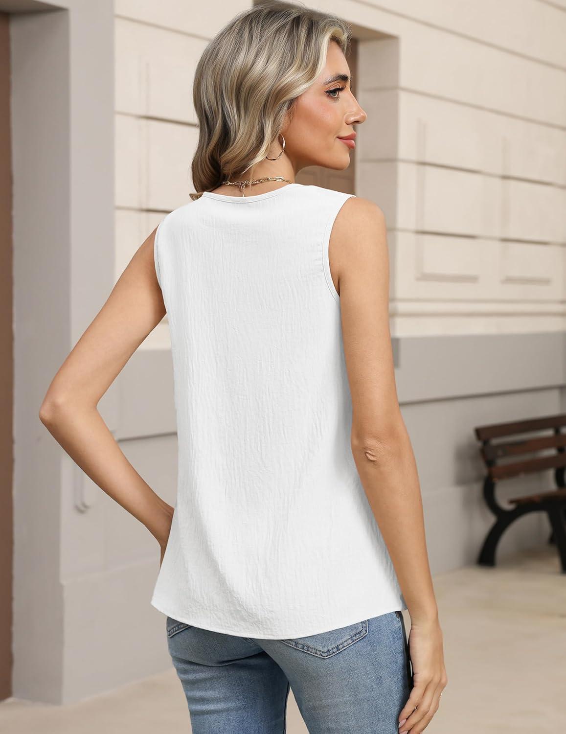 imageZeagoo Womens Tank Tops Pleated V Neck Business Casual Sleeveless Blouse Trendy Dressy Textured Summer Work ShirtsWhite