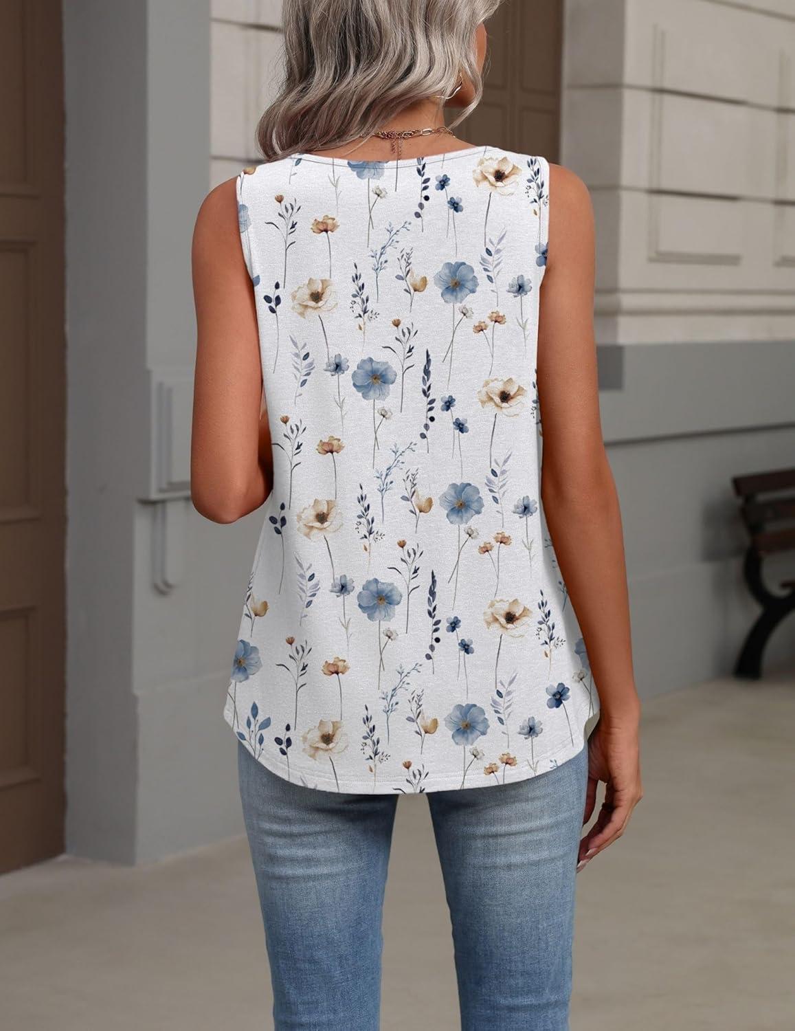 imageZeagoo Womens Tank Tops Summer Sleeveless Loose Fit Tops V Neck Pleated Shirts Basic Tees Dressy Casual Trendy ClothesBf290flower White