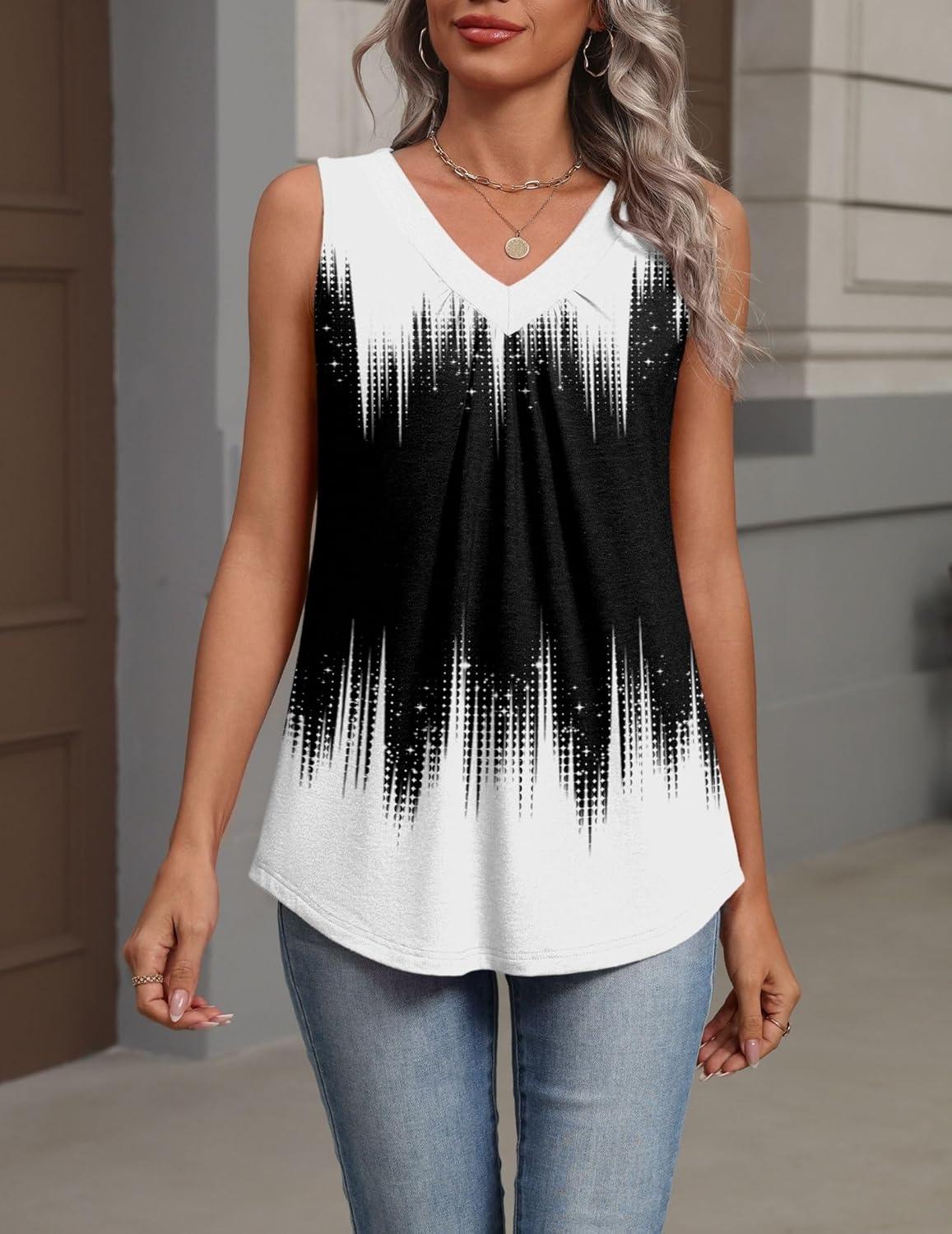 imageZeagoo Womens Tank Tops Summer Sleeveless Loose Fit Tops V Neck Pleated Shirts Basic Tees Dressy Casual Trendy ClothesJb204black and White