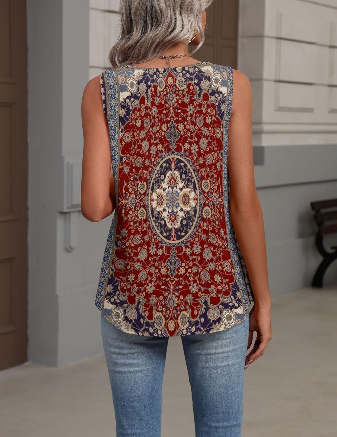 imageZeagoo Womens Tank Tops Summer Sleeveless Loose Fit Tops V Neck Pleated Shirts Basic Tees Dressy Casual Trendy ClothesMz870red Print