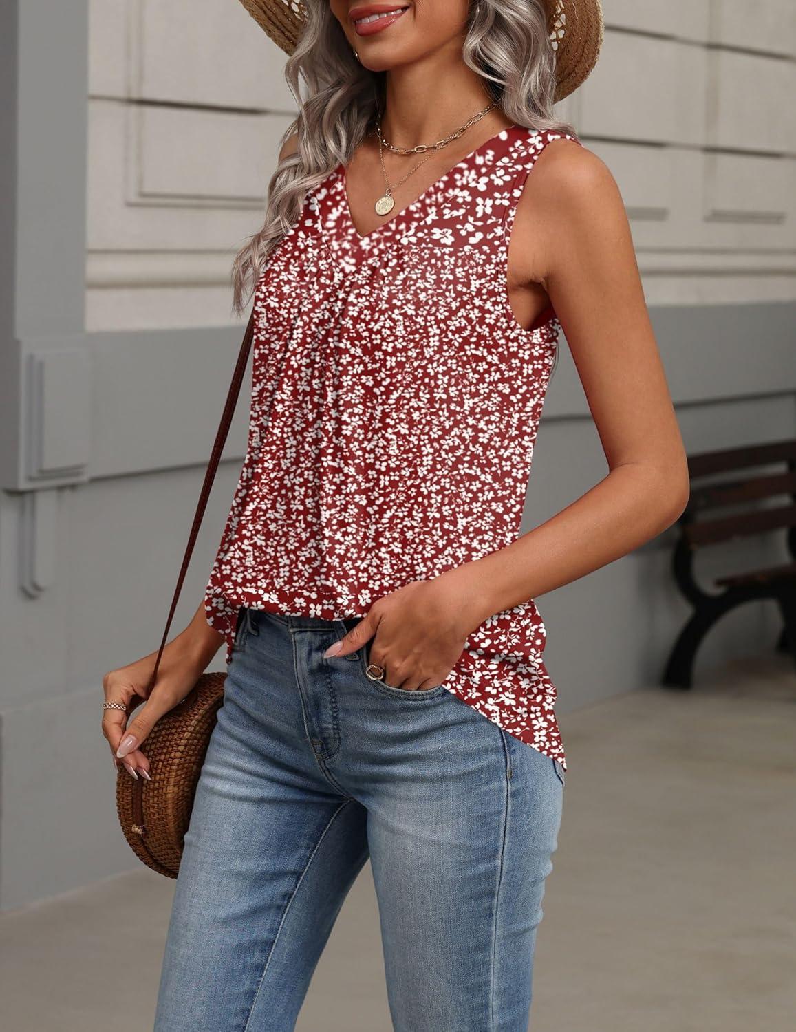 imageZeagoo Womens Tank Tops Summer Sleeveless Loose Fit Tops V Neck Pleated Shirts Basic Tees Dressy Casual Trendy ClothesXh555red Floral Fragments