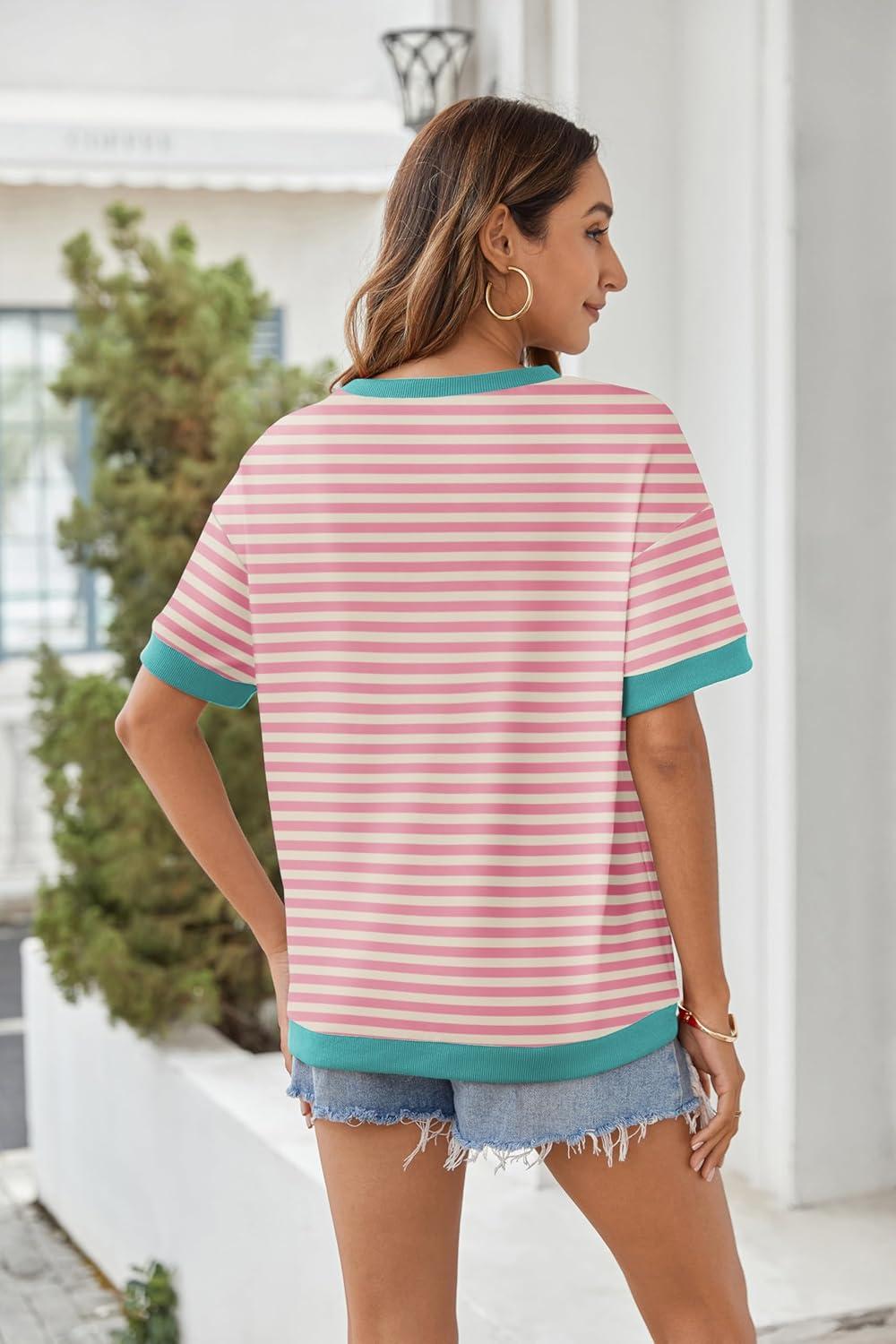 imageZeagoo Womens Tops Casual Oversized Short Sleeve Sweatshirt Summer Striped Shirt Crewneck Pullover Loose T Shirts BlouseA Pinkwhite