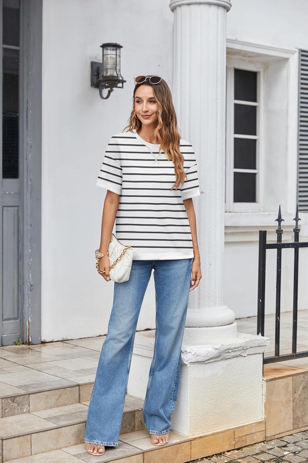 imageZeagoo Womens Tops Casual Oversized Short Sleeve Sweatshirt Summer Striped Shirt Crewneck Pullover Loose T Shirts BlouseA Whiteblack