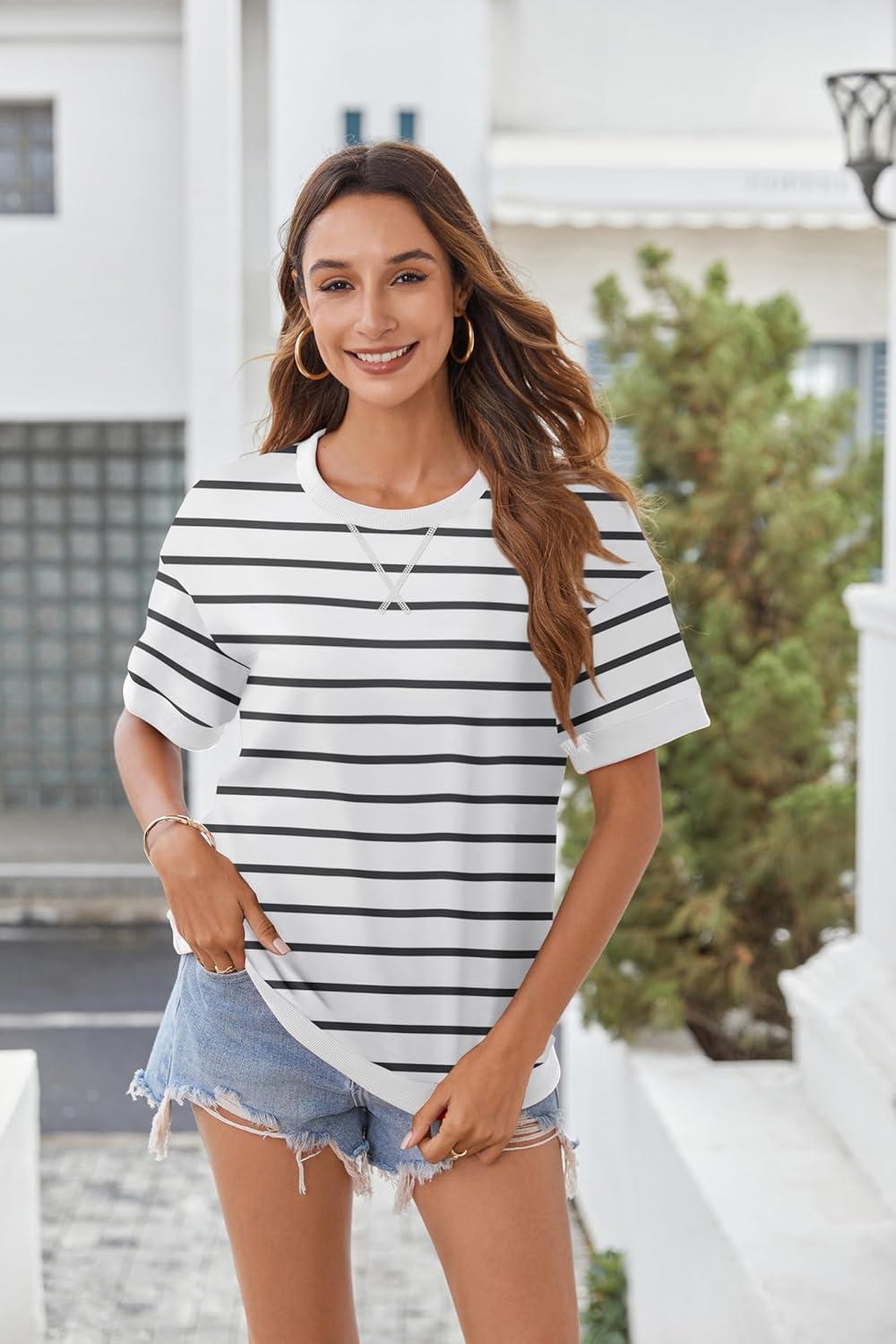 imageZeagoo Womens Tops Casual Oversized Short Sleeve Sweatshirt Summer Striped Shirt Crewneck Pullover Loose T Shirts BlouseA Whiteblack