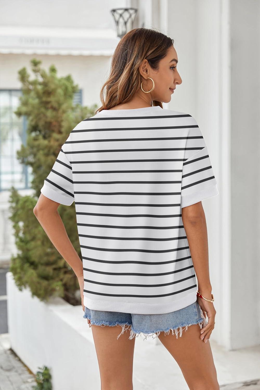 imageZeagoo Womens Tops Casual Oversized Short Sleeve Sweatshirt Summer Striped Shirt Crewneck Pullover Loose T Shirts BlouseA Whiteblack