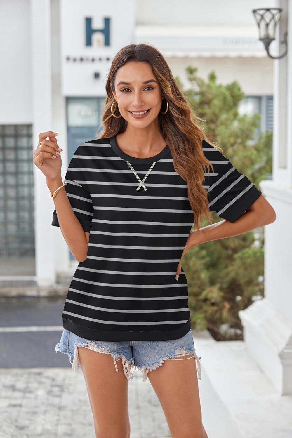 imageZeagoo Womens Tops Casual Oversized Short Sleeve Sweatshirt Summer Striped Shirt Crewneck Pullover Loose T Shirts BlouseBlackwhite1