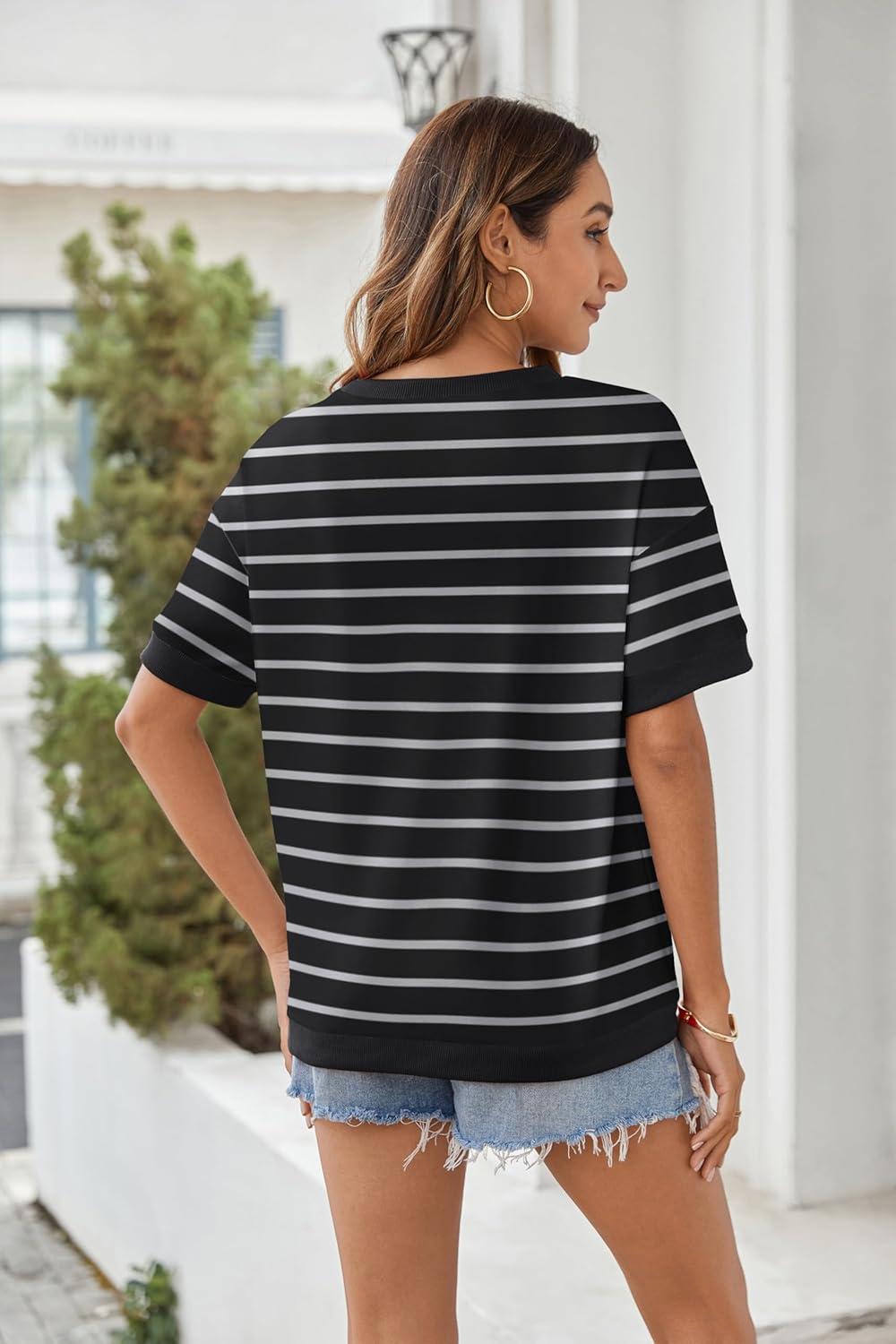 imageZeagoo Womens Tops Casual Oversized Short Sleeve Sweatshirt Summer Striped Shirt Crewneck Pullover Loose T Shirts BlouseBlackwhite1