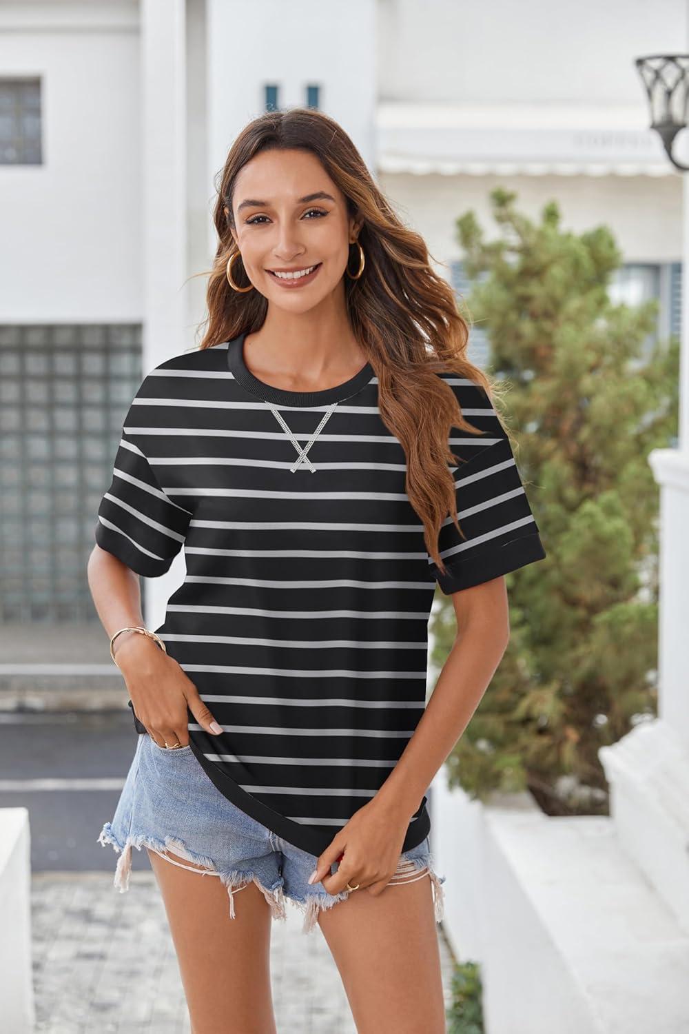 imageZeagoo Womens Tops Casual Oversized Short Sleeve Sweatshirt Summer Striped Shirt Crewneck Pullover Loose T Shirts BlouseBlackwhite1