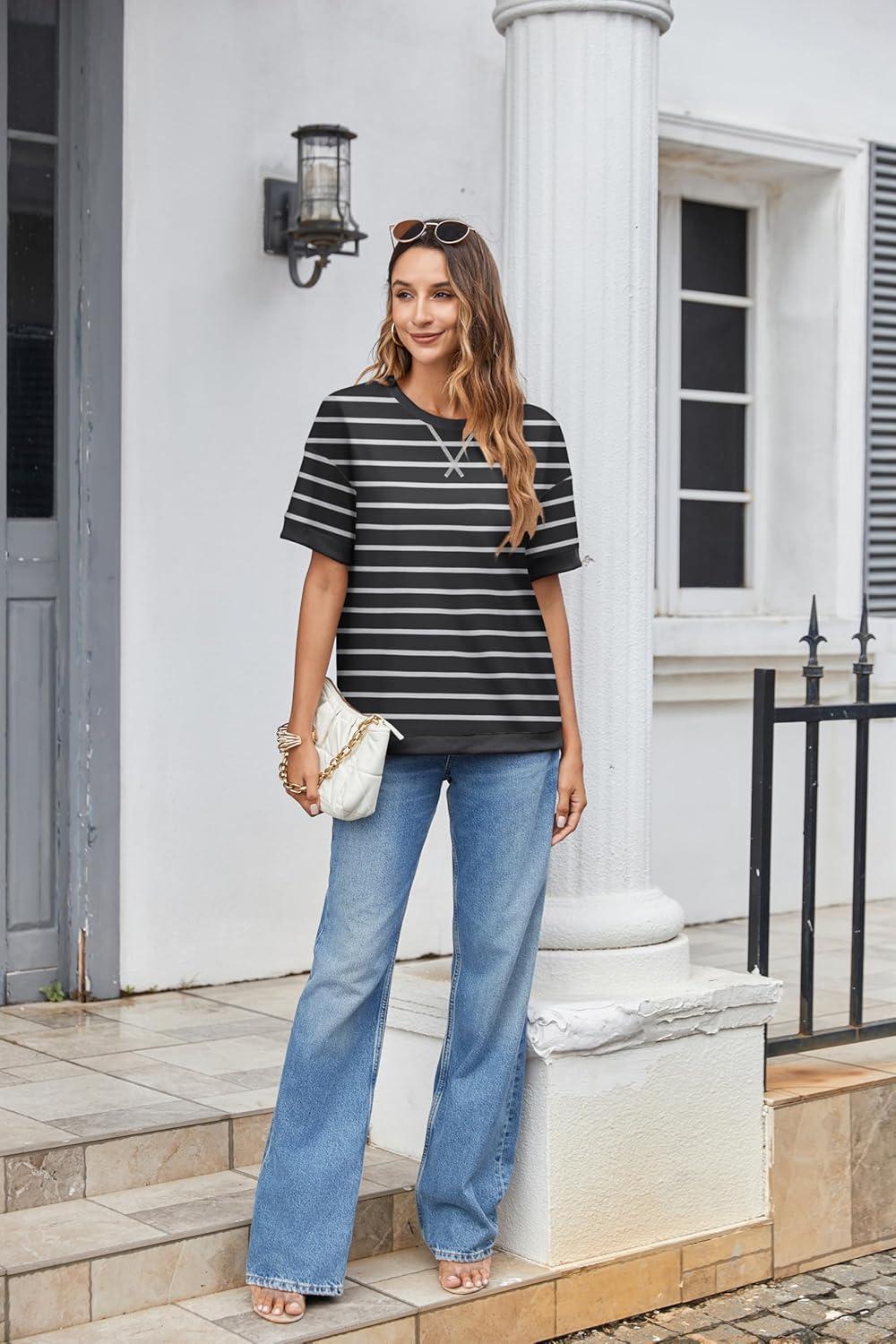 imageZeagoo Womens Tops Casual Oversized Short Sleeve Sweatshirt Summer Striped Shirt Crewneck Pullover Loose T Shirts BlouseBlackwhite1