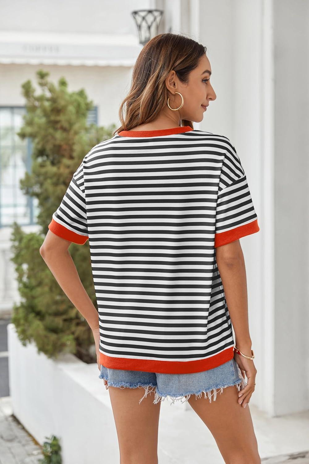 imageZeagoo Womens Tops Casual Oversized Short Sleeve Sweatshirt Summer Striped Shirt Crewneck Pullover Loose T Shirts BlouseBlackwhite2